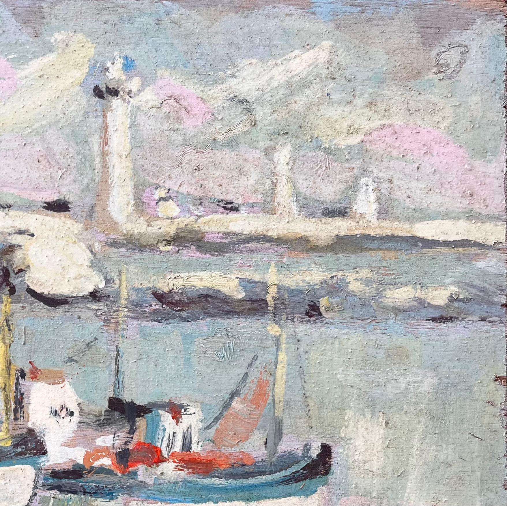 Quadro impressionista francese con barche da pesca ormeggiate e faro - Abstract Painting Grigio di Fanch Lel
