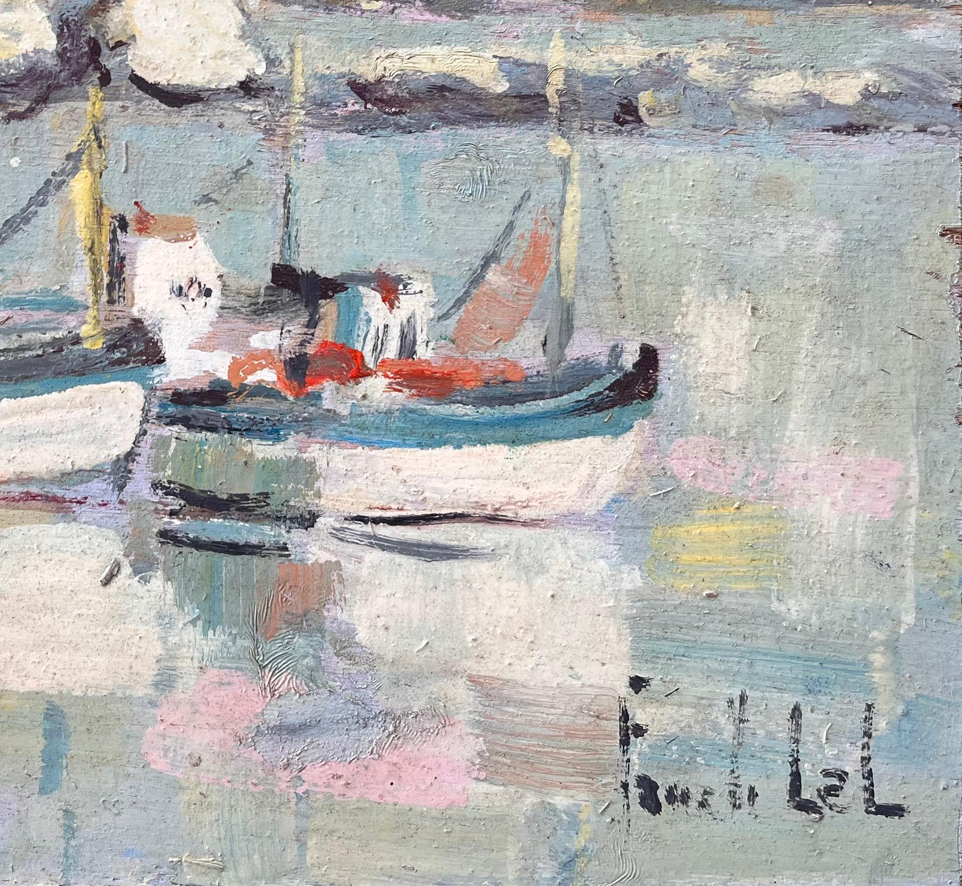 Quadro impressionista francese con barche da pesca ormeggiate e faro in vendita 1