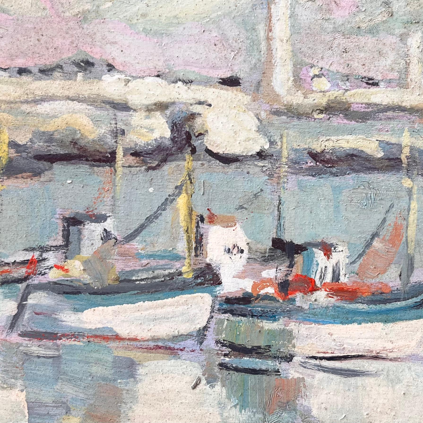 Quadro impressionista francese con barche da pesca ormeggiate e faro in vendita 2