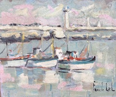 French Impressionist Painting of Moored Fishing Boats and Lighthouse