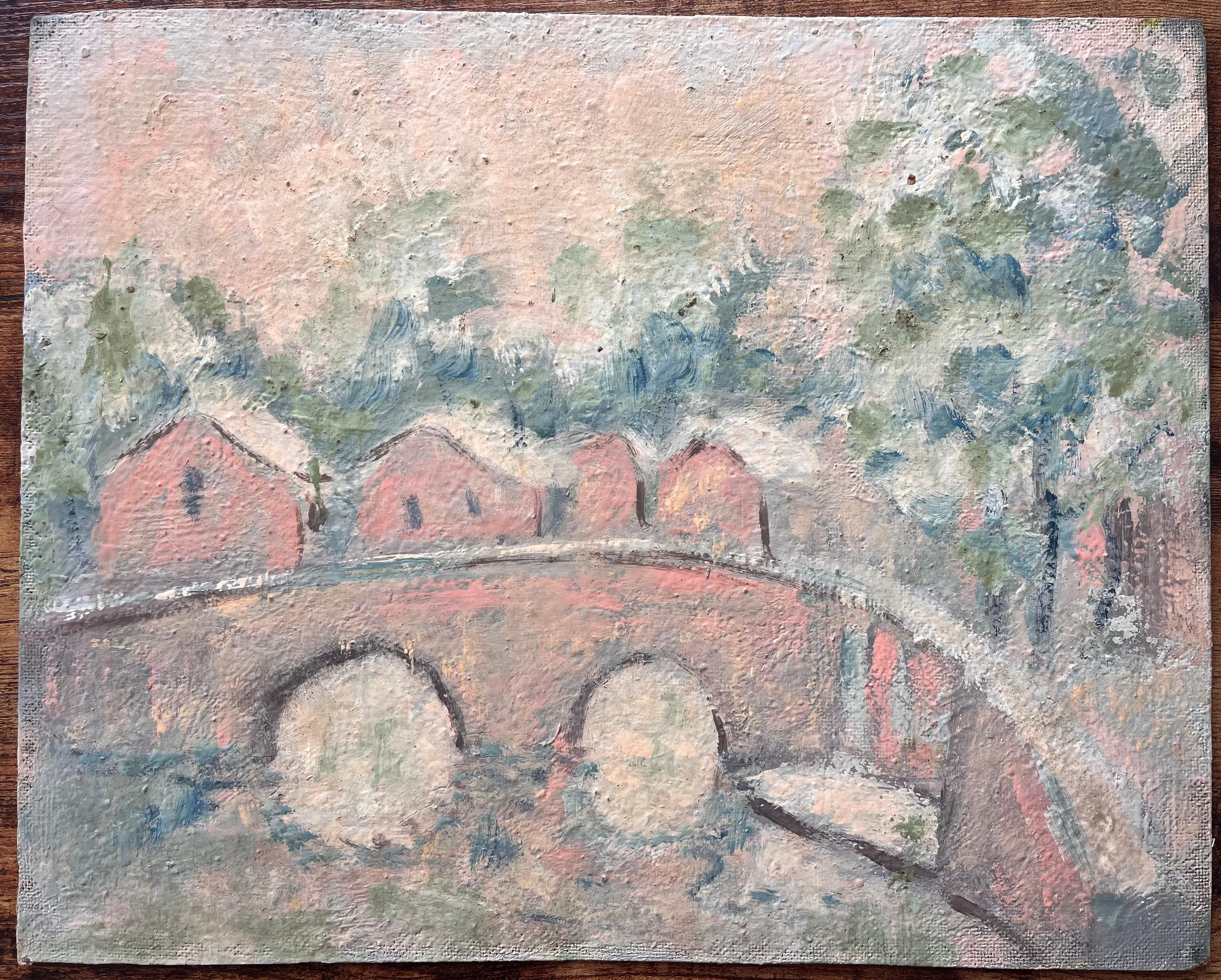 Paysage impressionniste français d'un pont arqué et de cottages de bord de rivière - Painting de Fanch Lel