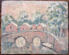 Paisaje al pastel impresionista francés de puente arqueado y casitas junto al río