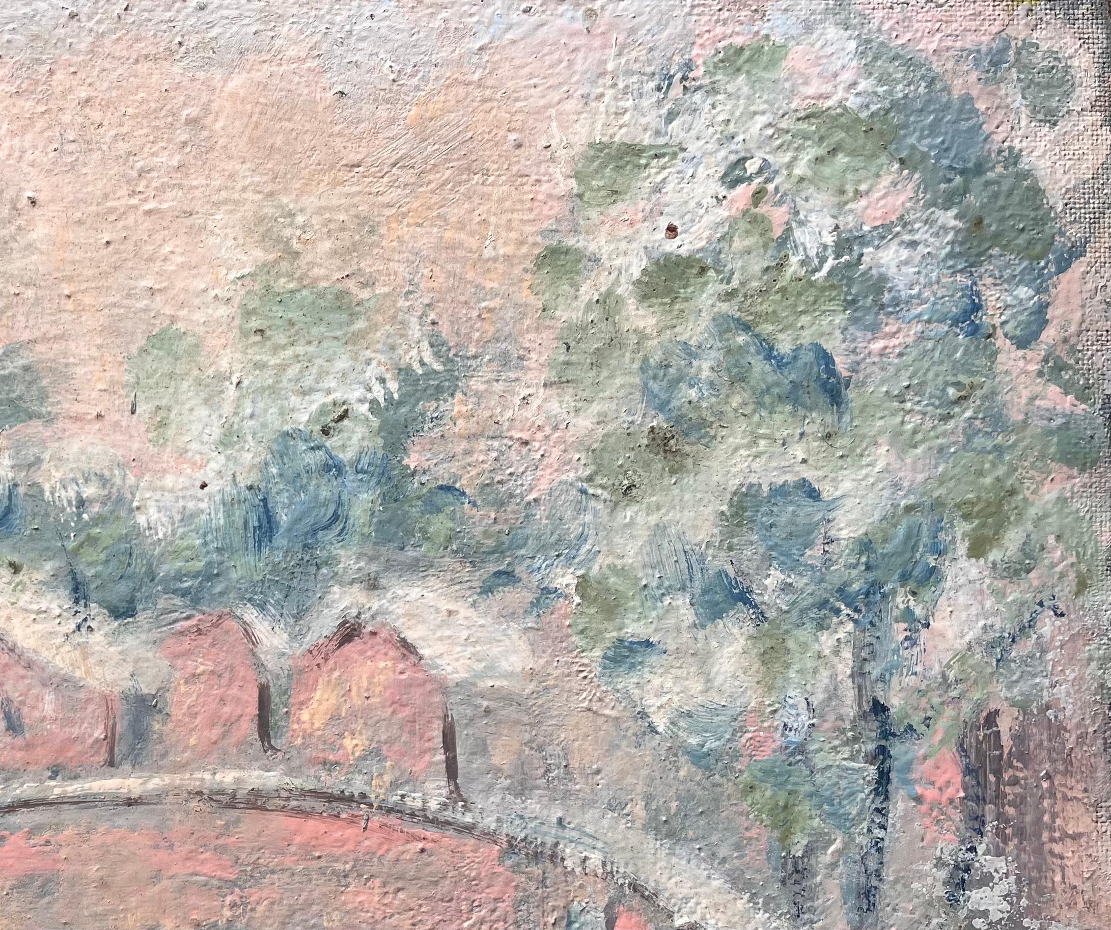 Paysage impressionniste français d'un pont arqué et de cottages de bord de rivière - Gris Abstract Painting par Fanch Lel