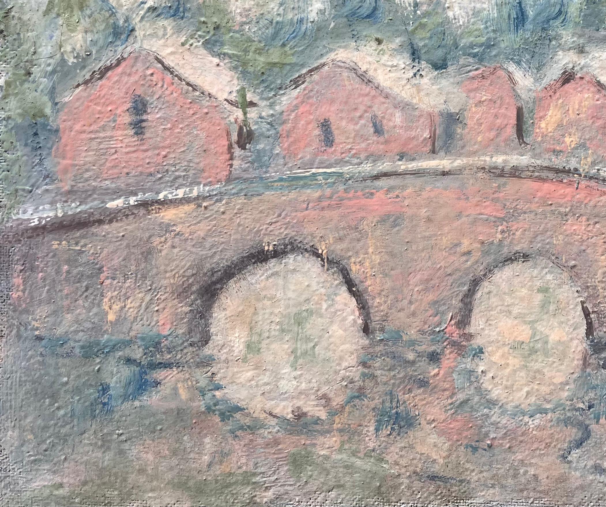 Titre : Paysage impressionniste français au pastel avec pont en arc et chalets au bord de l'eau
Par Fanch Lel
Taille : 13 x 16.25 pouces (hauteur x largeur)
Peinture à l'huile sur carton, non encadrée
Condit : Le tableau est en bon état avec des