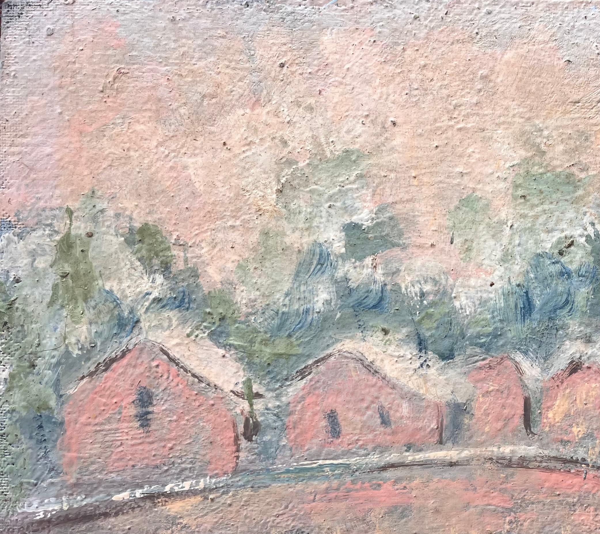 Paysage impressionniste français d'un pont arqué et de cottages de bord de rivière en vente 1