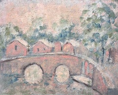 French Impressionist Pastel Landscape of Arched Bridge and Riverside Cottages
