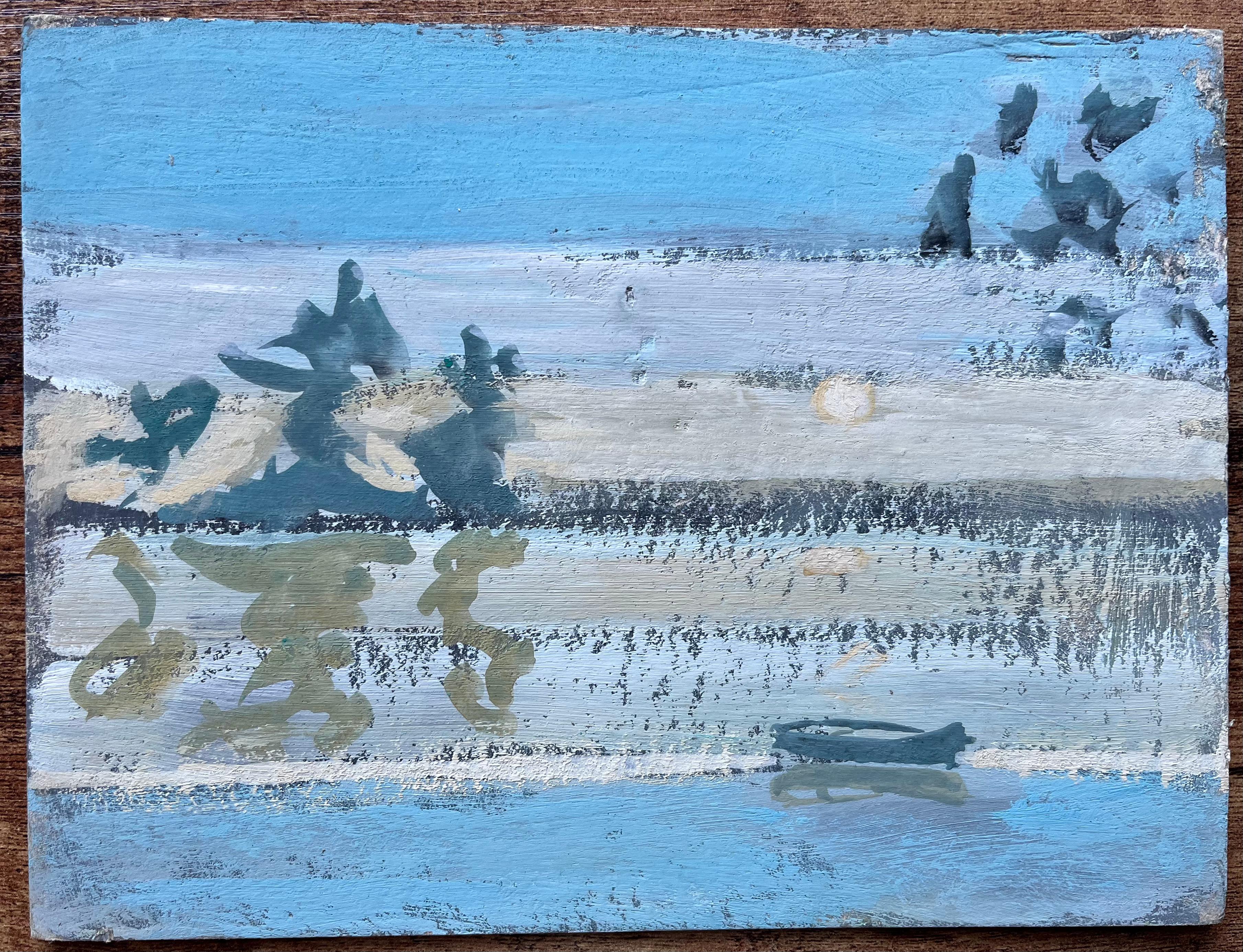 Pezzo impressionista francese raffigurante Riflessi su un lago fermo con barca e alberi - Painting di Fanch Lel