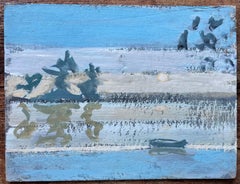 Französisches impressionistisches Gemälde des Impressionismus, Reflektionen über Stillsee mit Boot und Bäumen