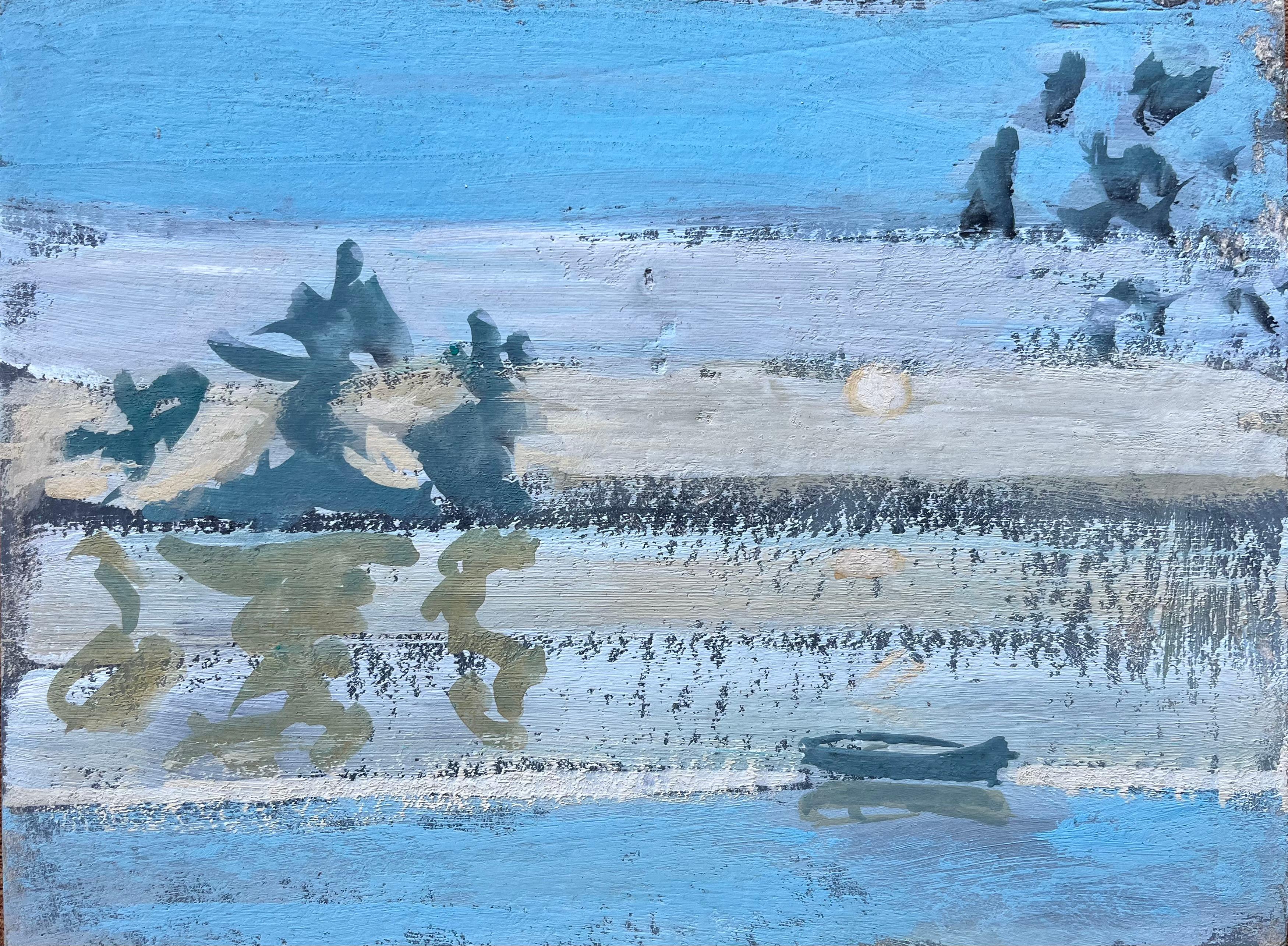 Figurative Painting di Fanch Lel - Pezzo impressionista francese raffigurante Riflessi su un lago fermo con barca e alberi