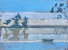 French Impressionist Piece of Reflections Over Still Lake with Boat and Trees