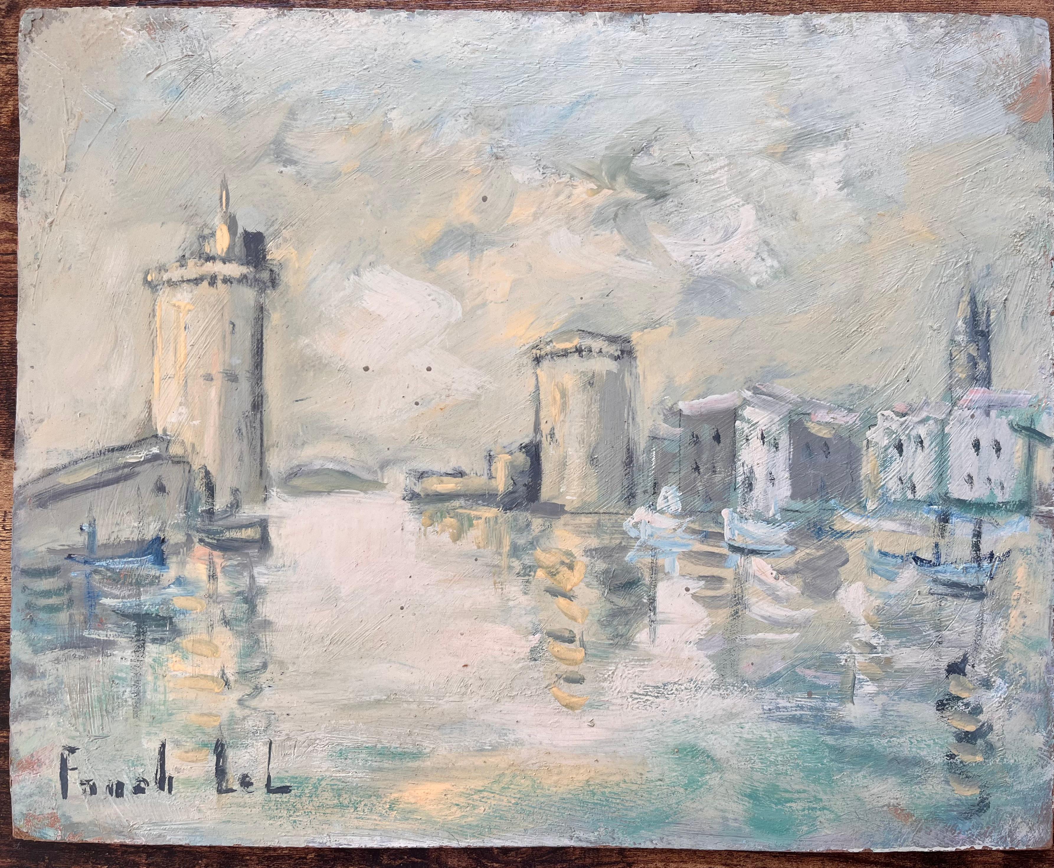 Scena impressionista francese del porto di La Rochelle: torri e barche nel porto - Painting di Fanch Lel
