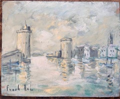 French Impressionist Port Scene of La Rochelle Towers and Boats in Harbour