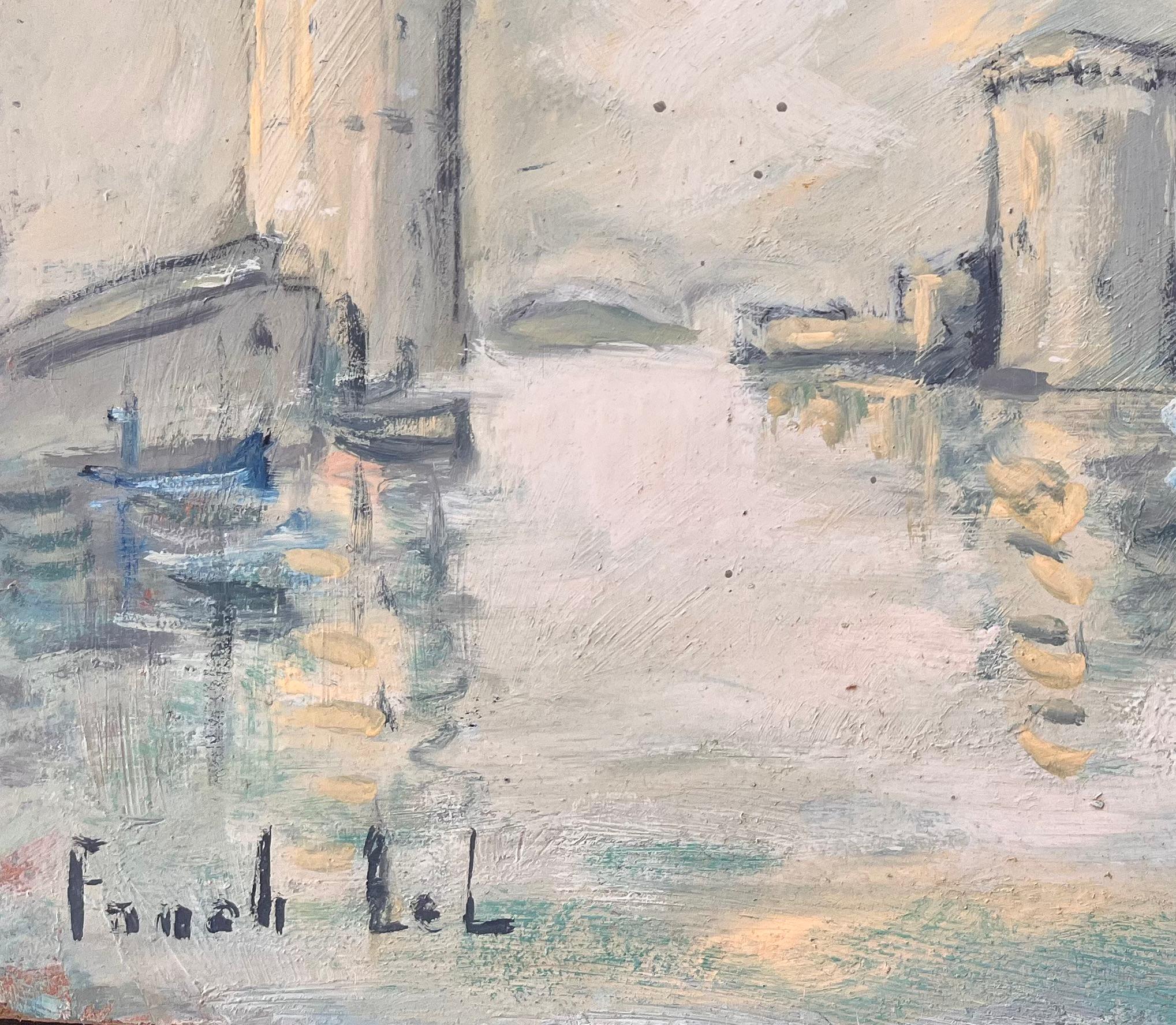 Scena impressionista francese del porto di La Rochelle: torri e barche nel porto - Abstract Painting Grigio di Fanch Lel
