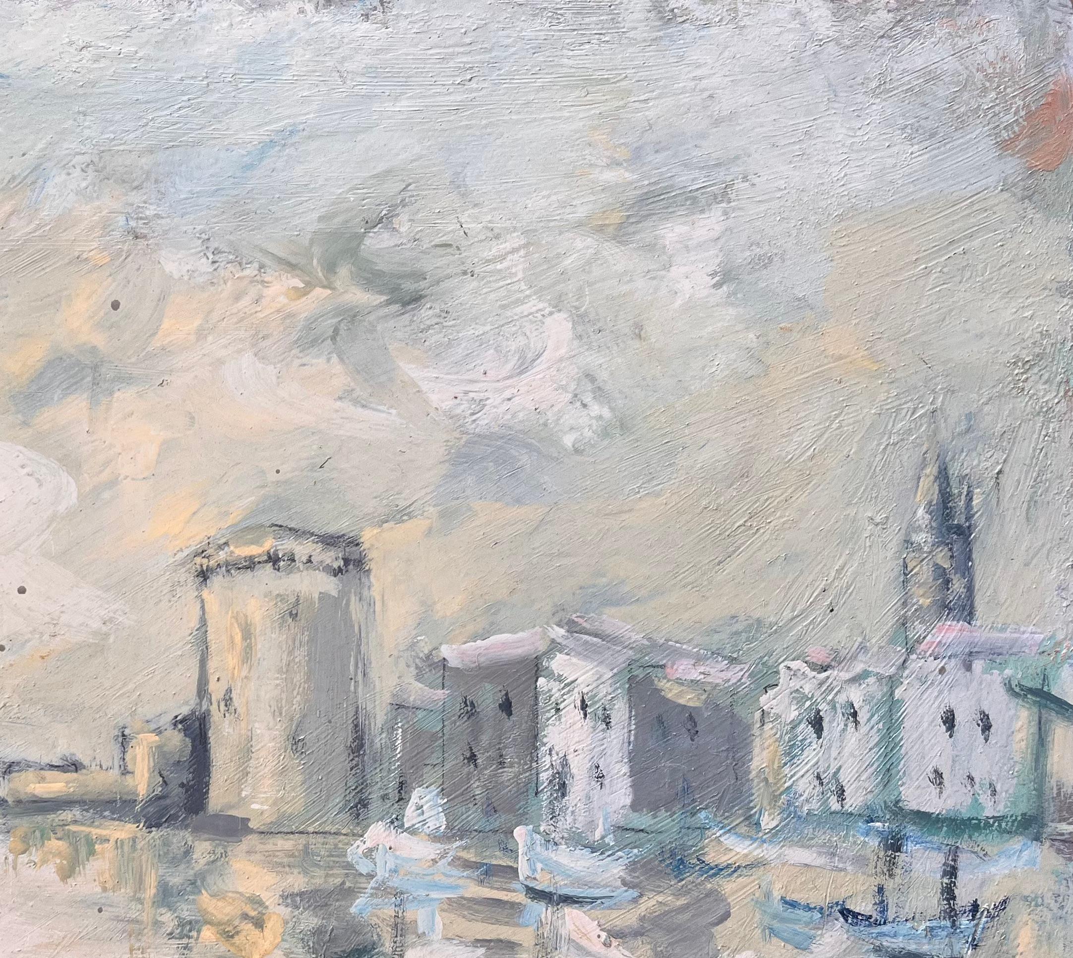 Scena impressionista francese del porto di La Rochelle: torri e barche nel porto in vendita 1