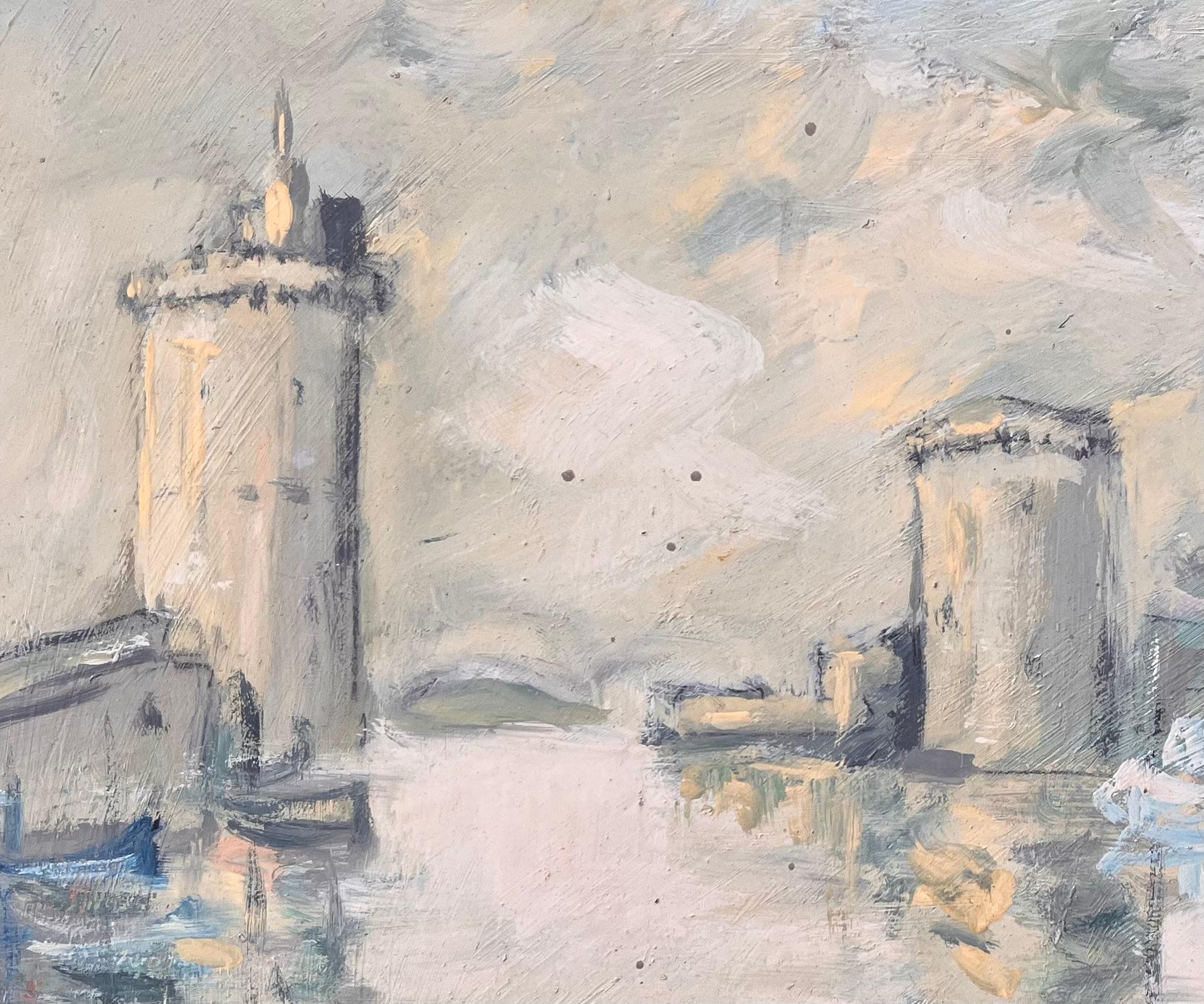 Scena impressionista francese del porto di La Rochelle: torri e barche nel porto in vendita 2