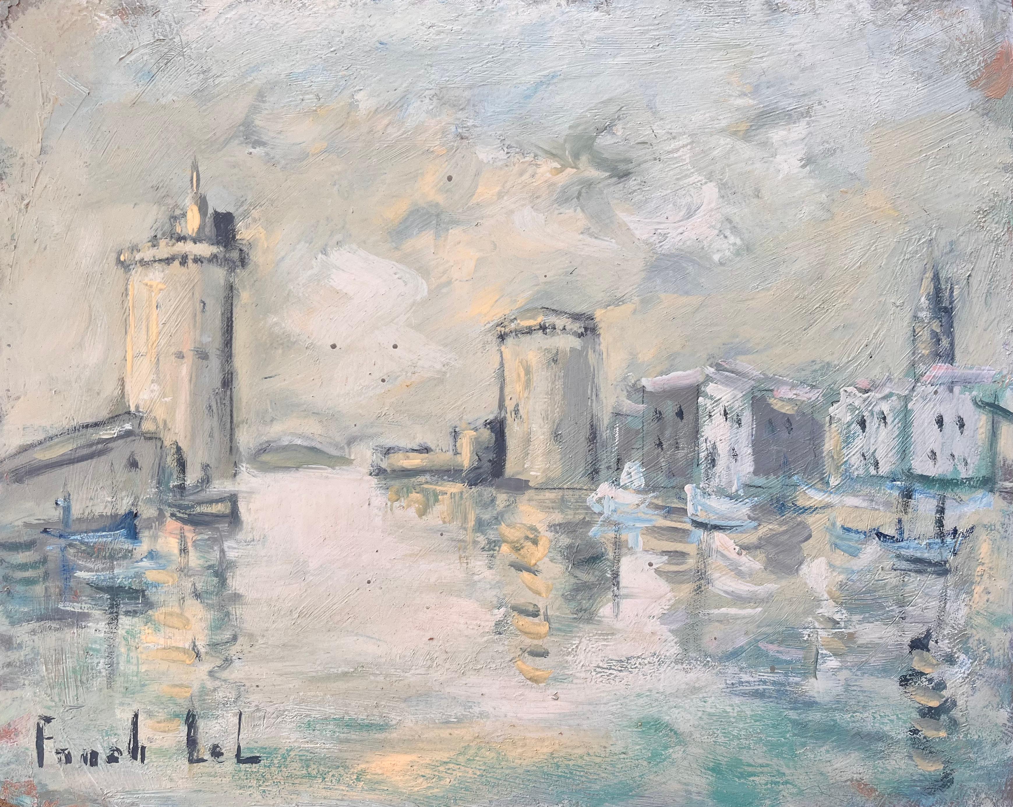 Scène portuaire impressionniste française des tours et des bateaux du port de La Rochelle