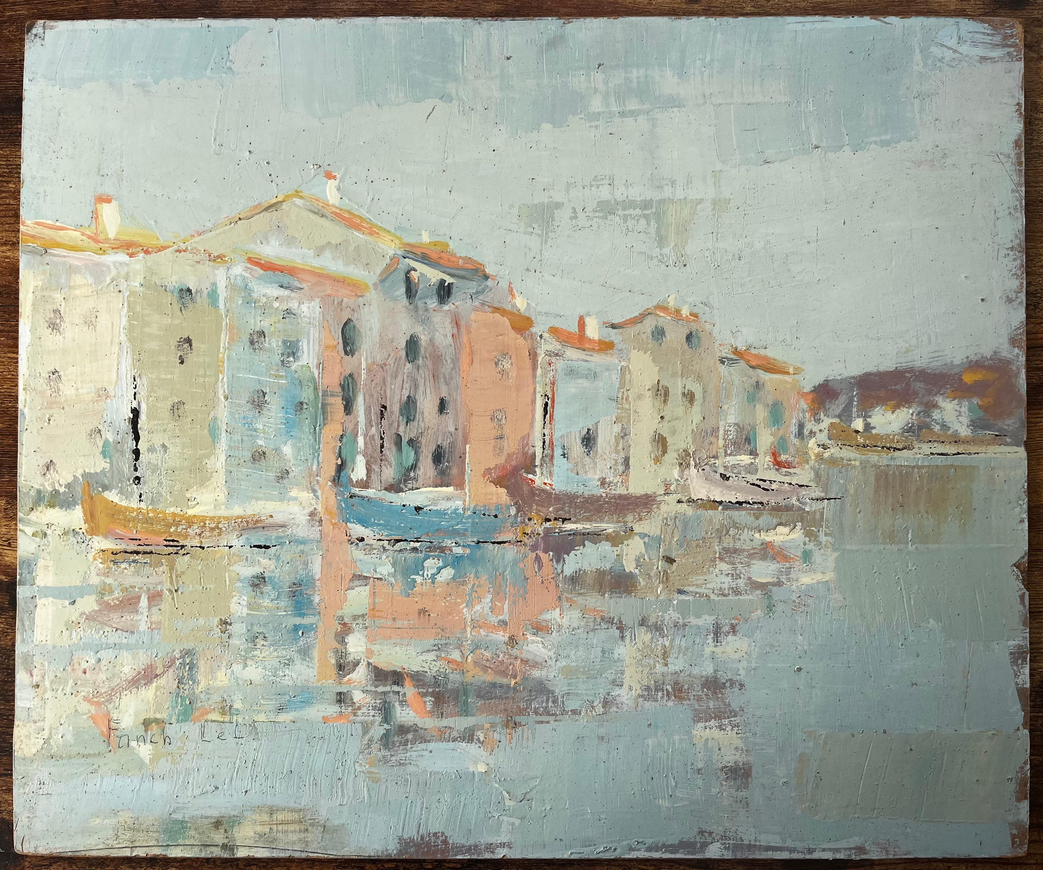 French Impressionist Port Scene with Reflected Tall Houses and Moored Boats - Painting by Fanch Lel