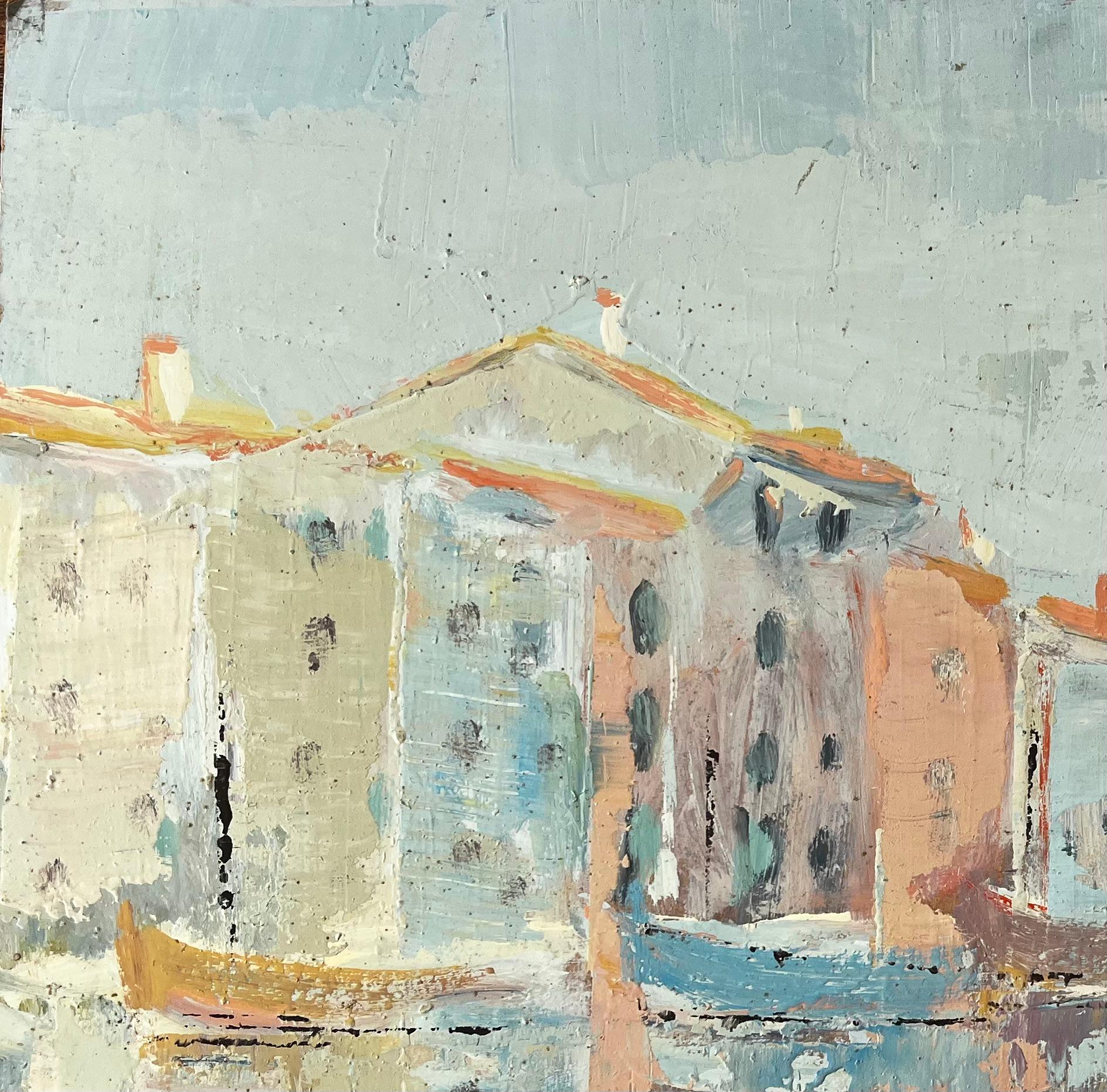 French Impressionist Port Scene with Reflected Tall Houses and Moored Boats - Gray Landscape Painting by Fanch Lel