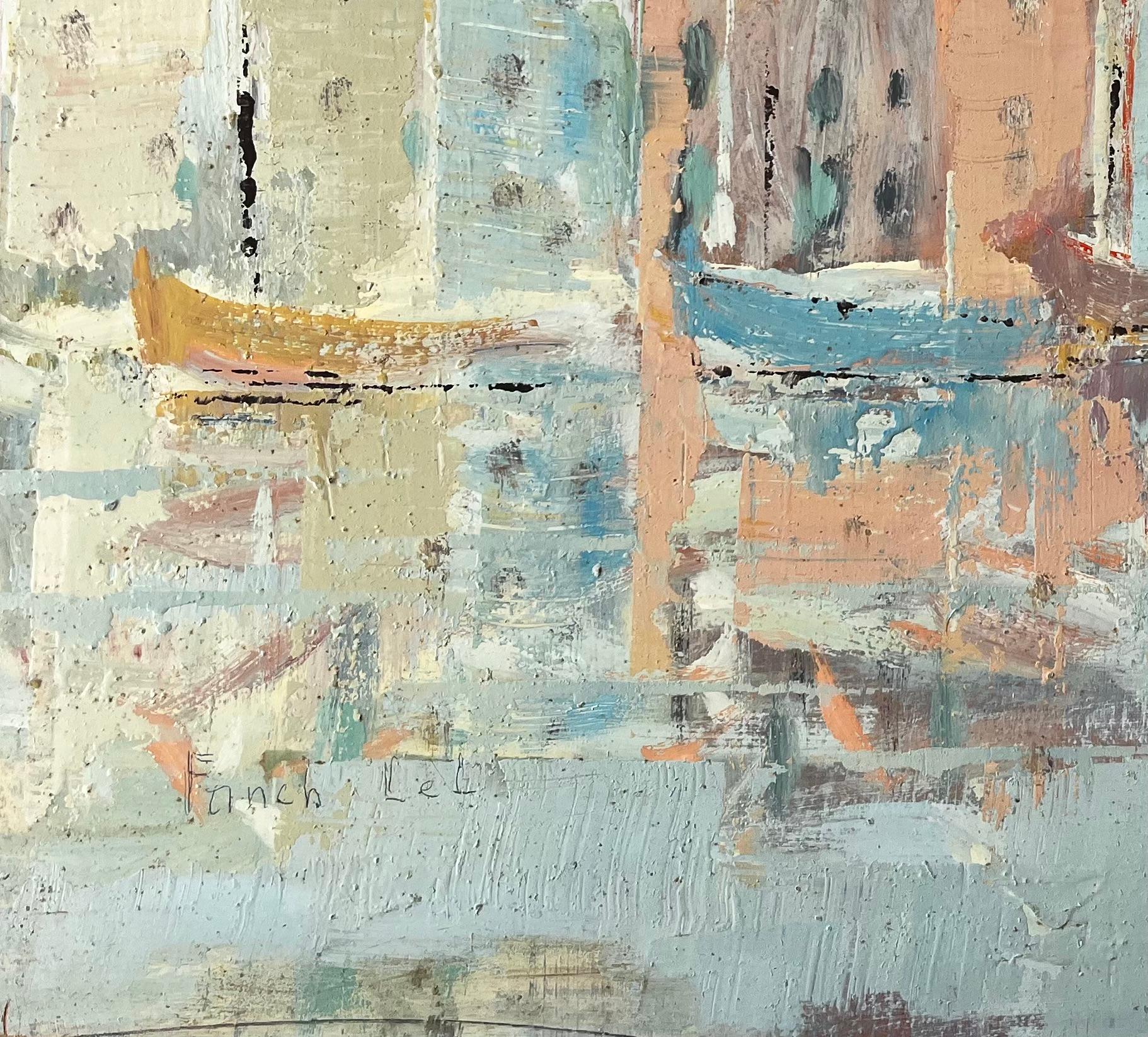 Title: French Impressionist Port Scene with Reflected Tall Houses and Moored Boats
by Fanch Lel
Signed: Bottom left corner 
Size: 15.25 x 18.25 inches (height x width)
Oil painting on board, unframed
Condition: Good condition overall. Minor surface