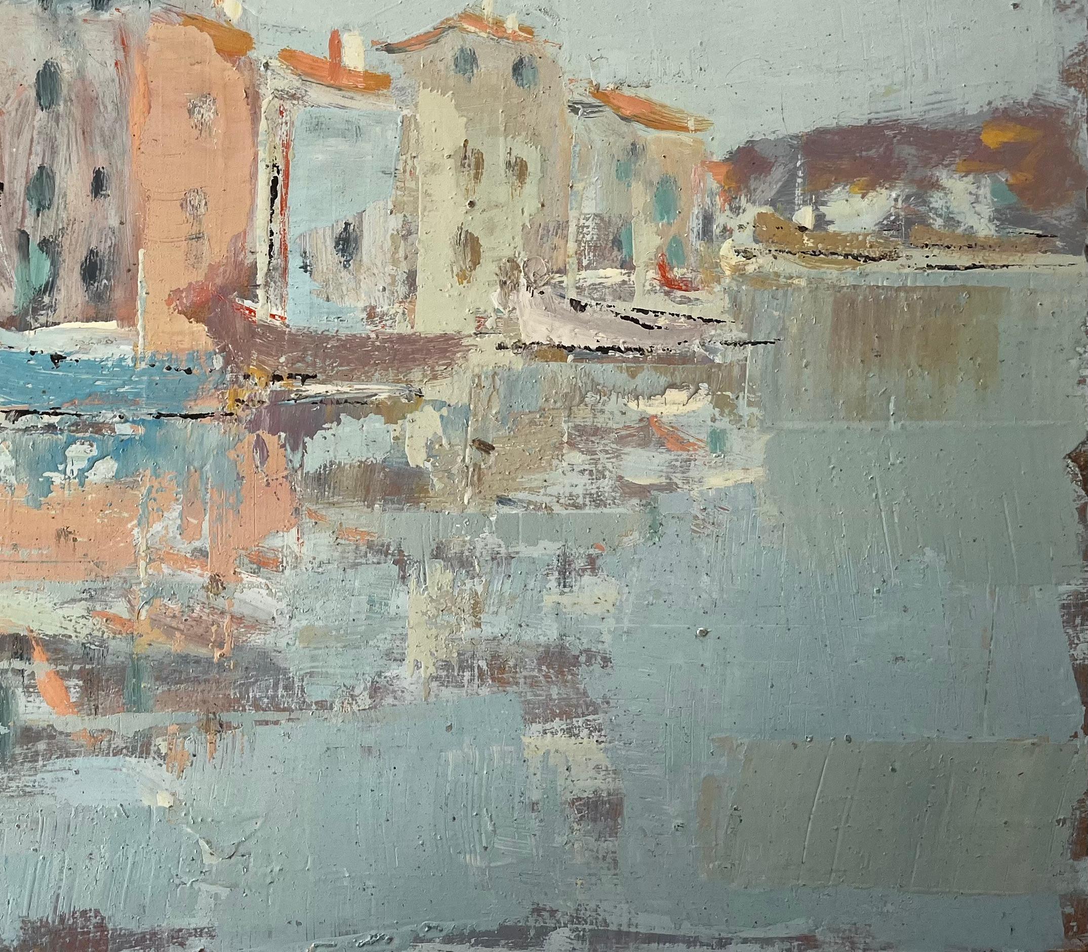 French Impressionist Port Scene with Reflected Tall Houses and Moored Boats For Sale 1