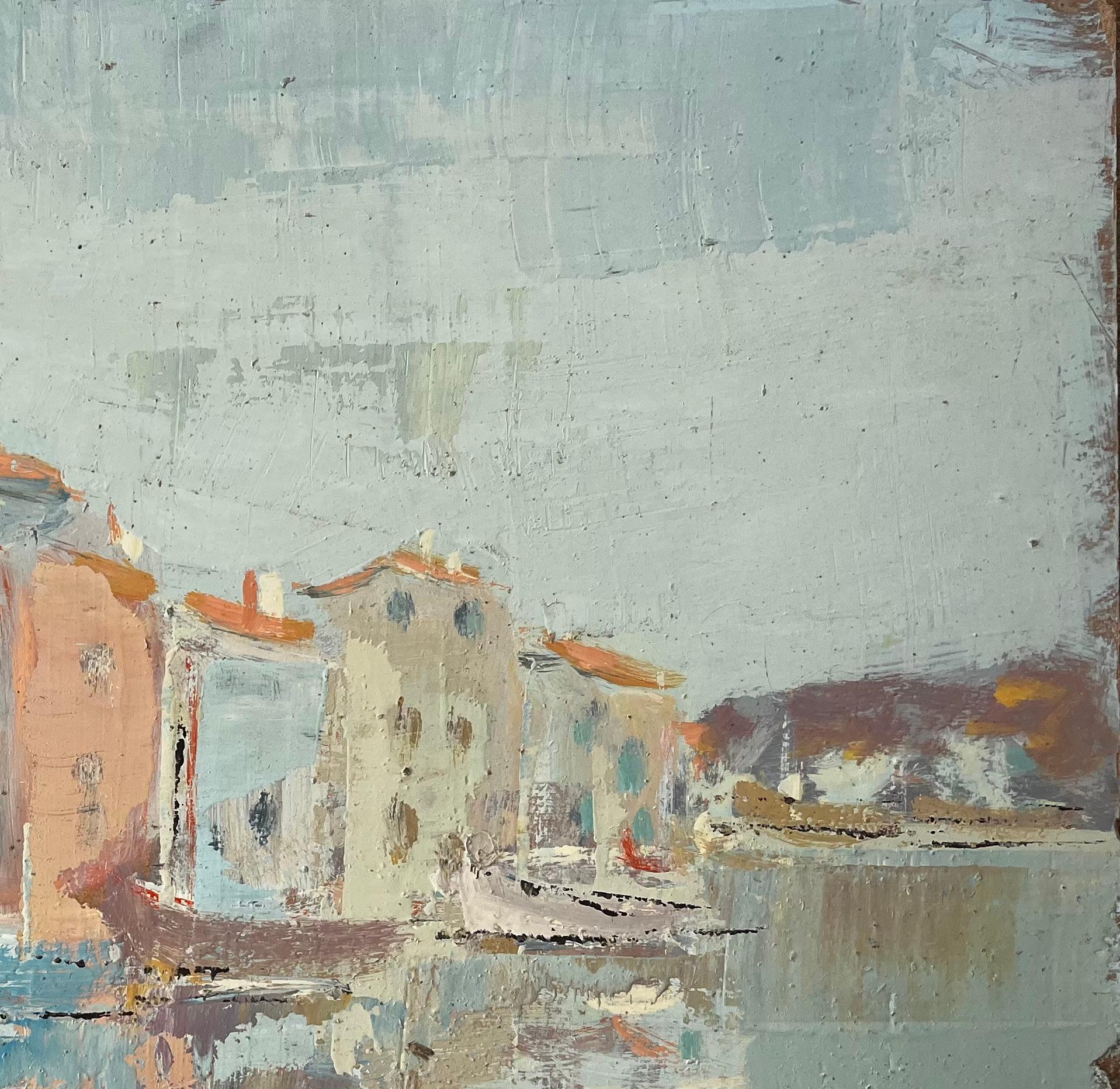 French Impressionist Port Scene with Reflected Tall Houses and Moored Boats For Sale 2