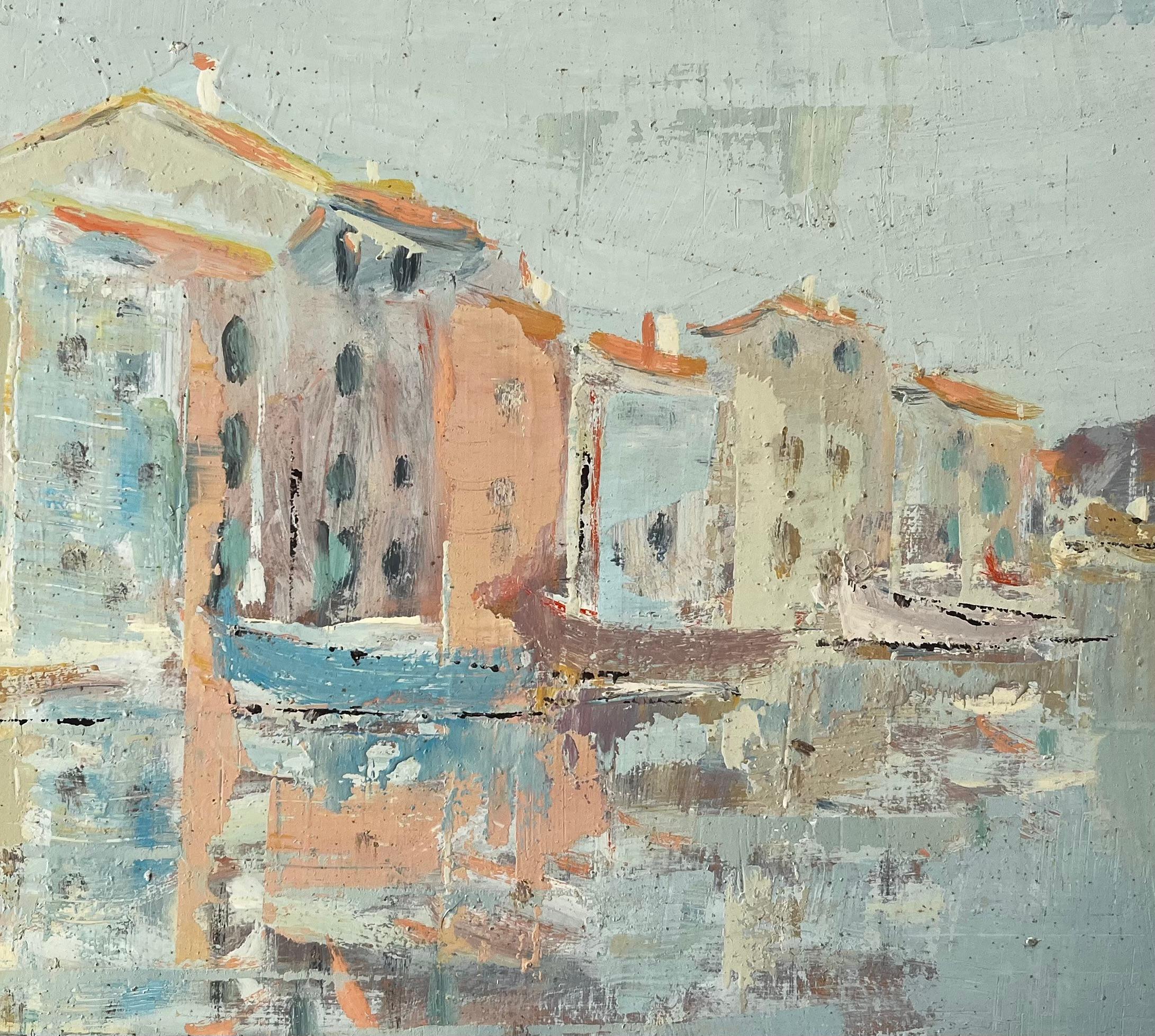 French Impressionist Port Scene with Reflected Tall Houses and Moored Boats For Sale 3
