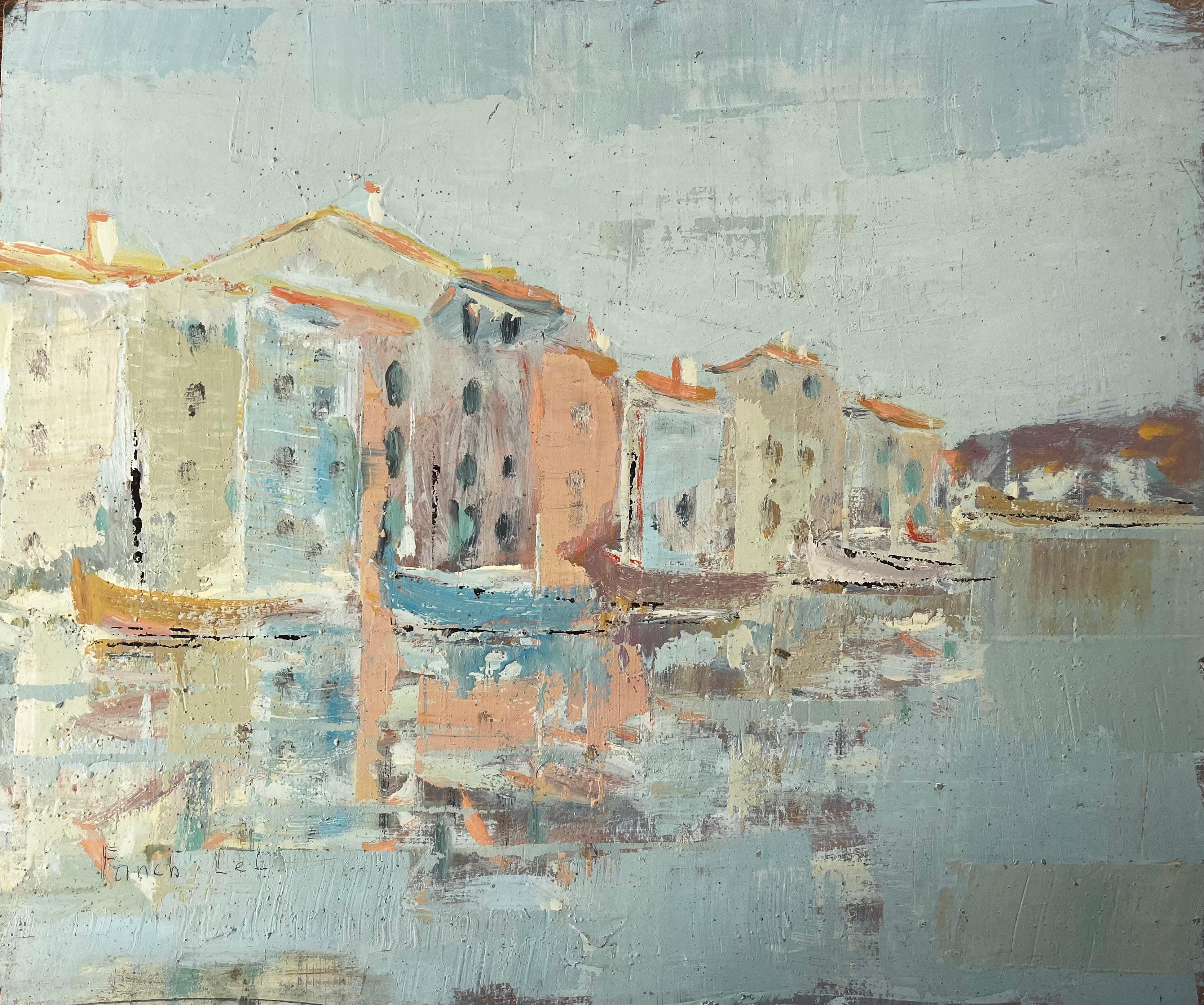 Fanch Lel Landscape Painting - French Impressionist Port Scene with Reflected Tall Houses and Moored Boats