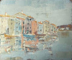 French Impressionist Port Scene with Reflected Tall Houses and Moored Boats
