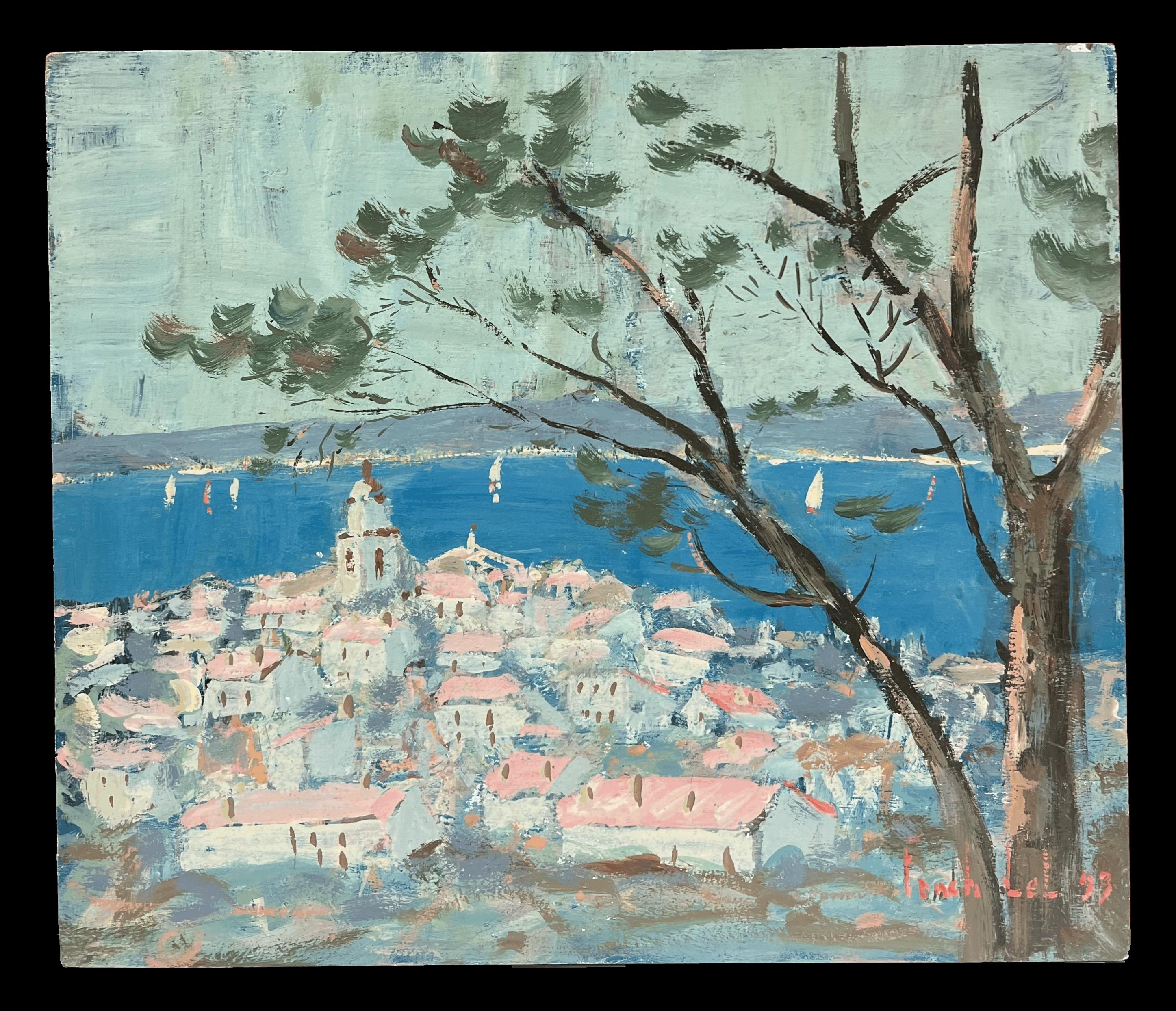 Villaggio marino provenzale impressionista francese con barche a vela all'orizzonte - Painting di Fanch Lel