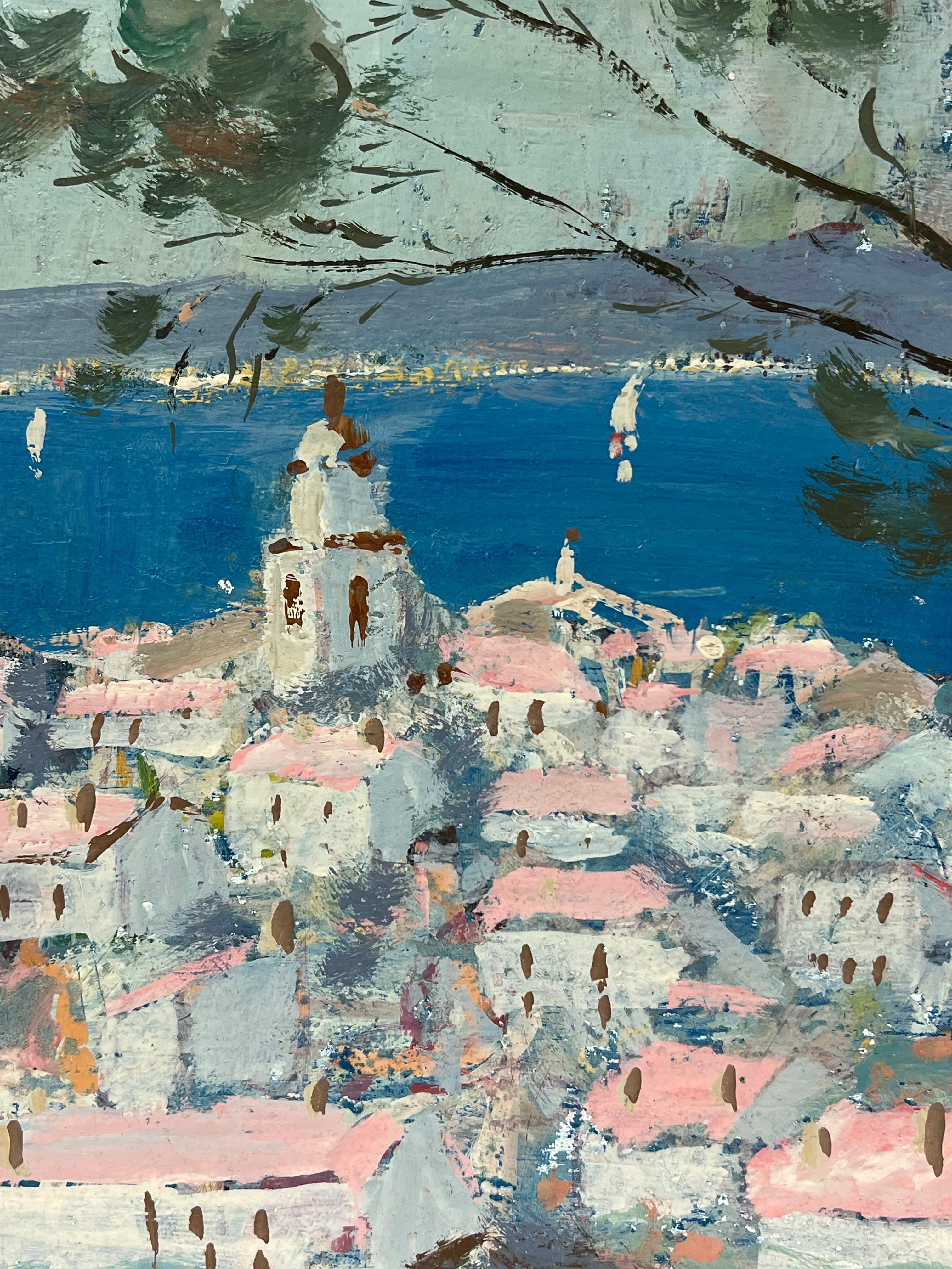 Villaggio marino provenzale impressionista francese con barche a vela all'orizzonte - Landscape Painting Grigio di Fanch Lel