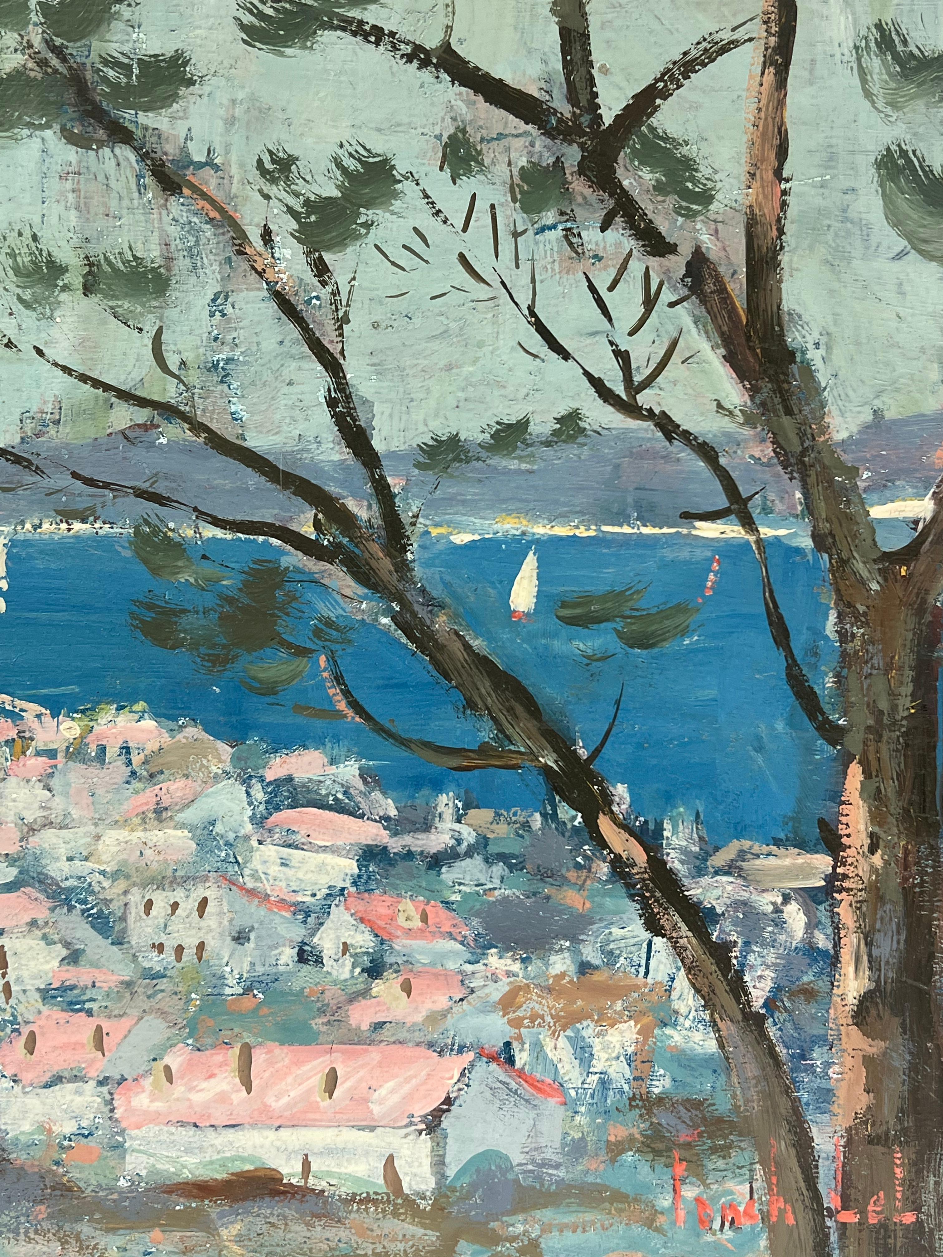 Villaggio marino provenzale impressionista francese con barche a vela all'orizzonte in vendita 1