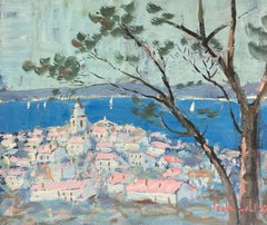 Villaggio marino provenzale impressionista francese con barche a vela all'orizzonte