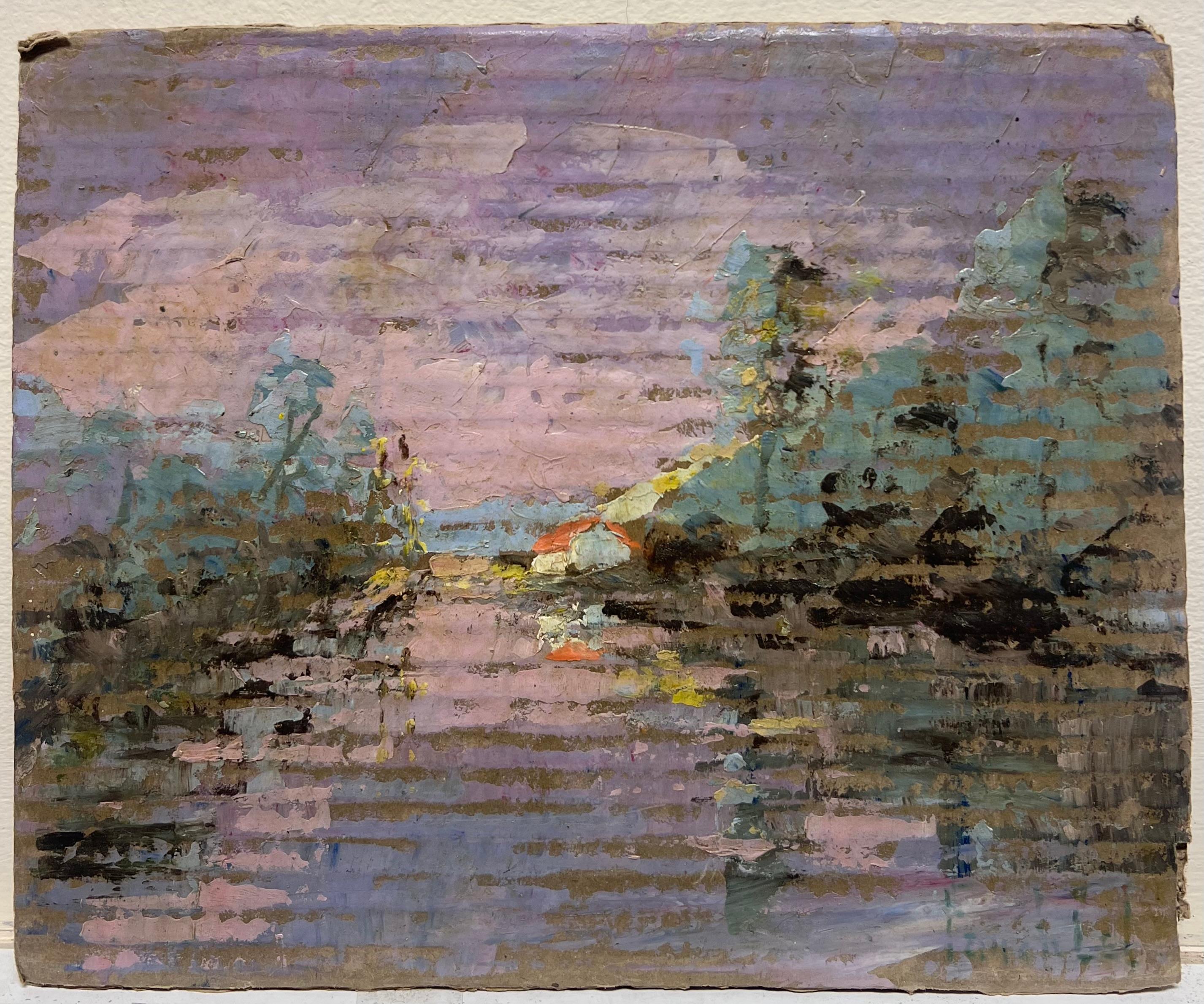 French Impressionist Purple Lakeside Landscape with Red Roof Cottages at Sunset - Painting by Fanch Lel