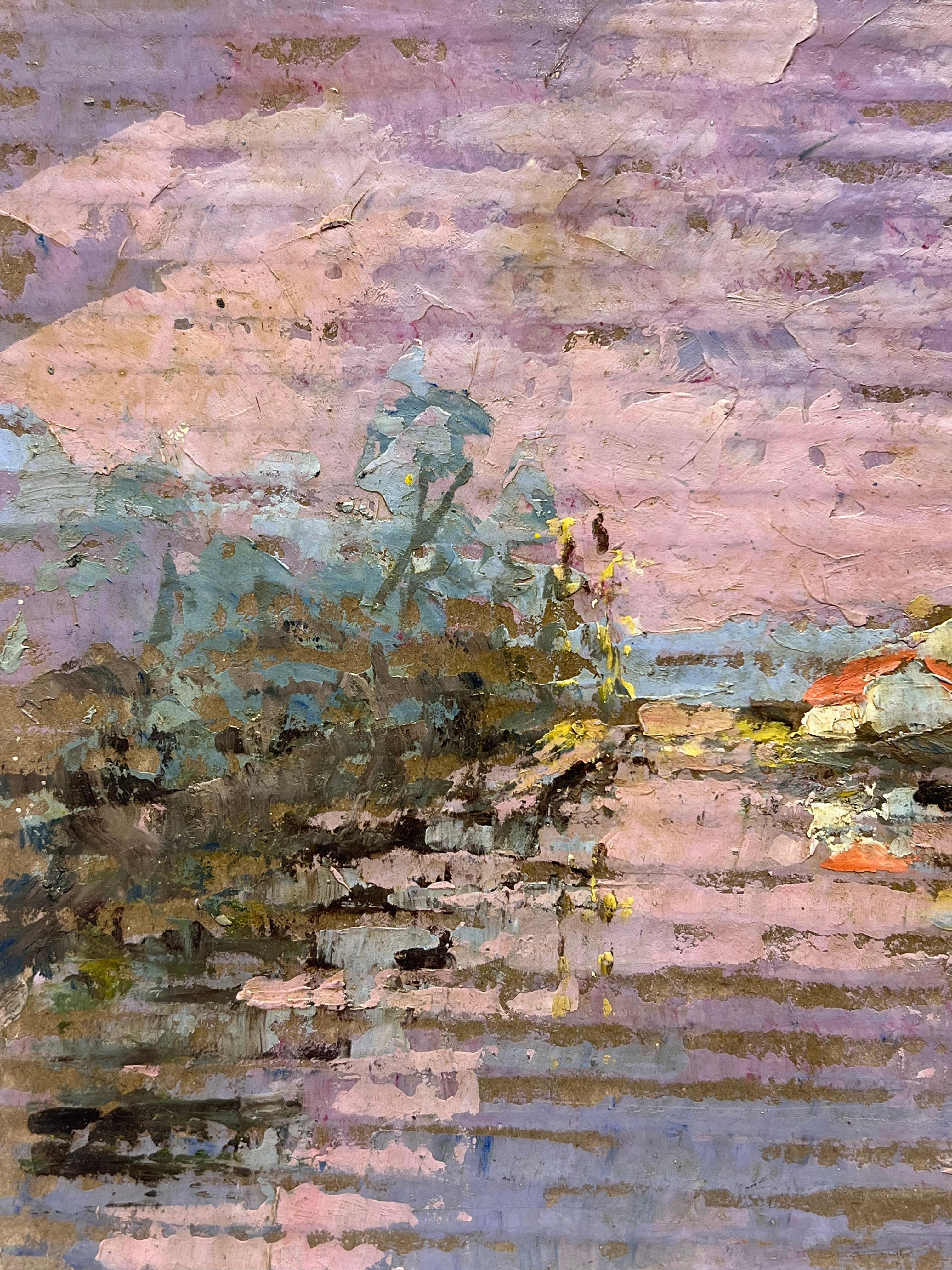 French Impressionist Purple Lakeside Landscape with Red Roof Cottages at Sunset - Gray Landscape Painting by Fanch Lel
