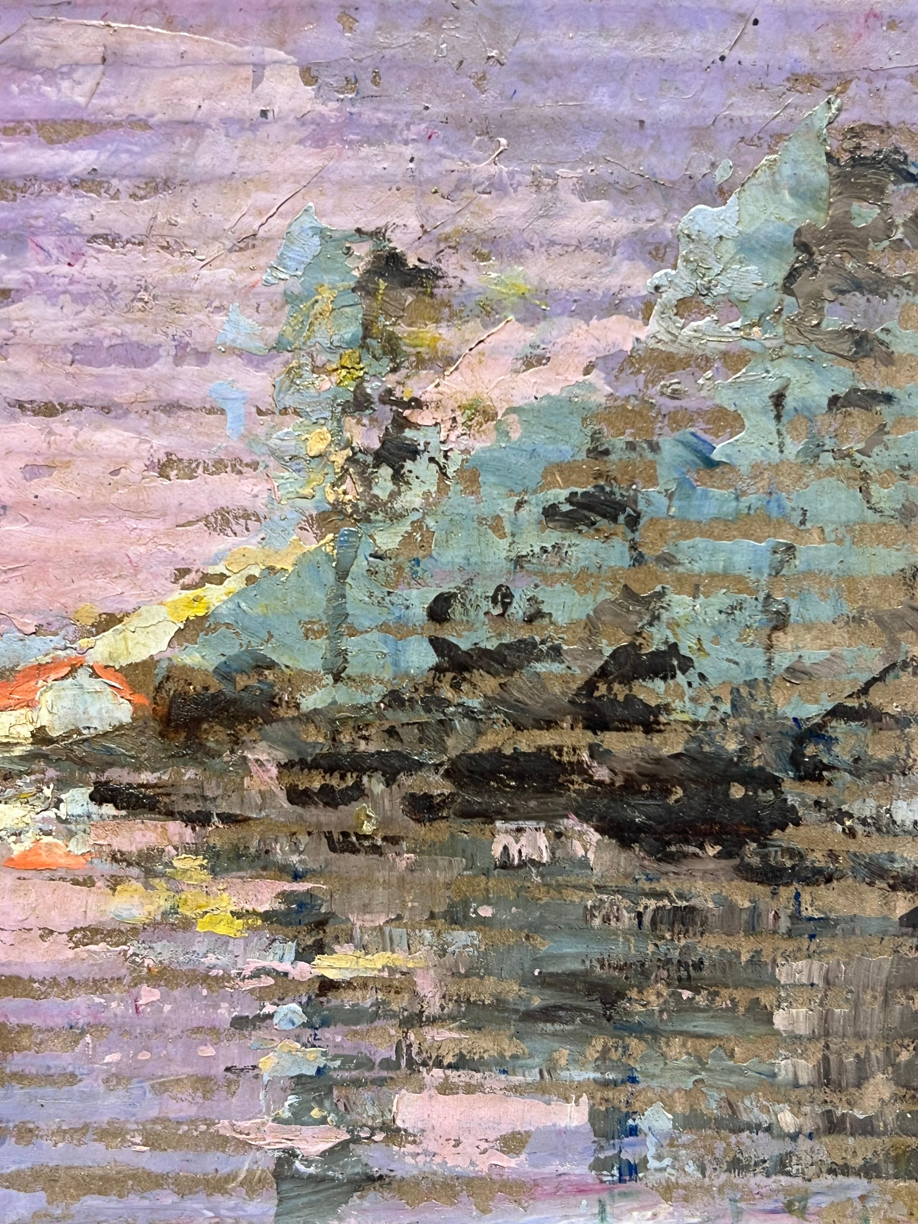 Purple Lakeside
signed by Fanch Lel (French b. 1930)
Size: 9 x 11 inches
Oil painting on cardboard, unframed
Condition: The painting is in good condition, with minor signs of aging.
Provenance: All the paintings we have for sale by this artist have