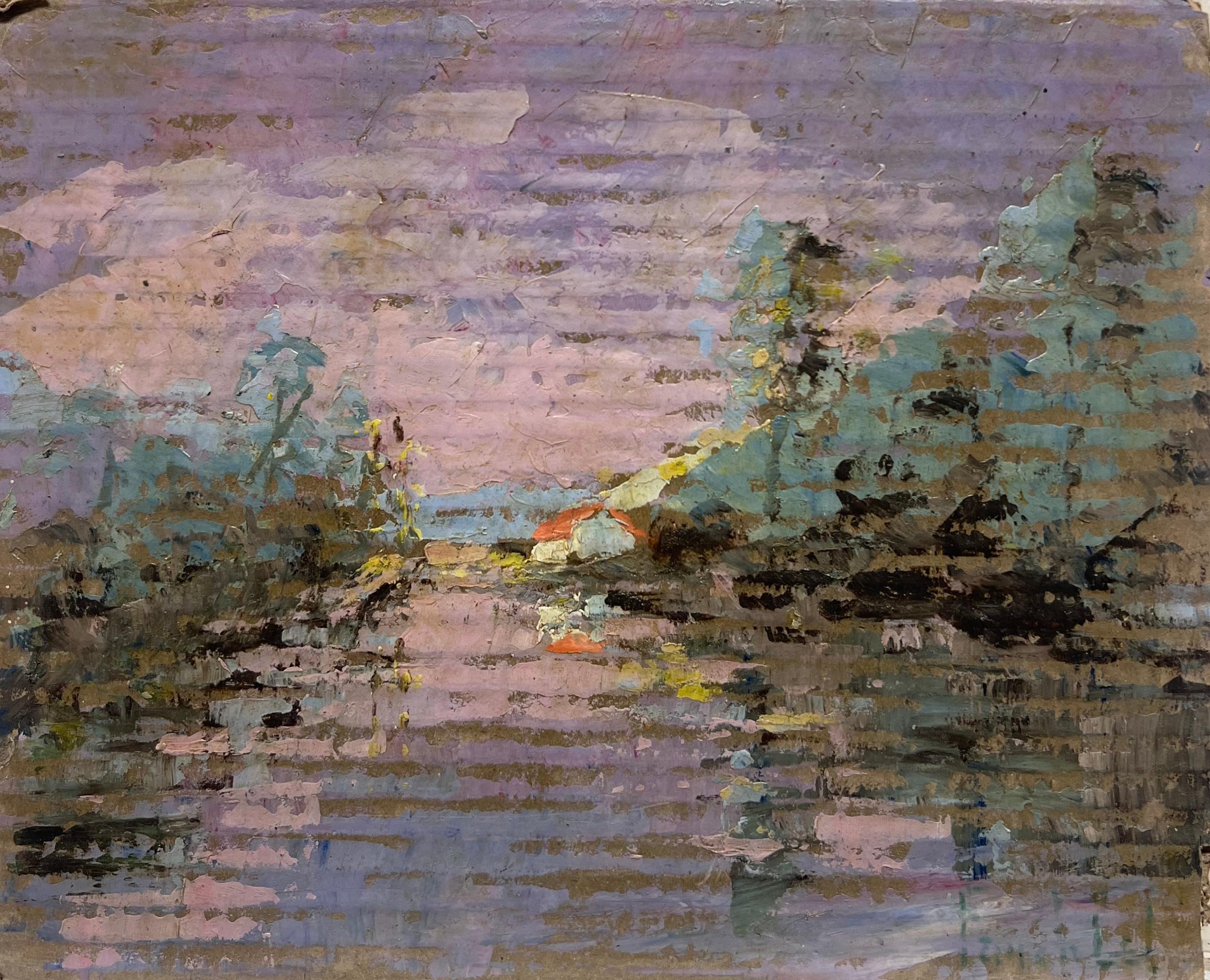Fanch Lel Landscape Painting - French Impressionist Purple Lakeside Landscape with Red Roof Cottages at Sunset