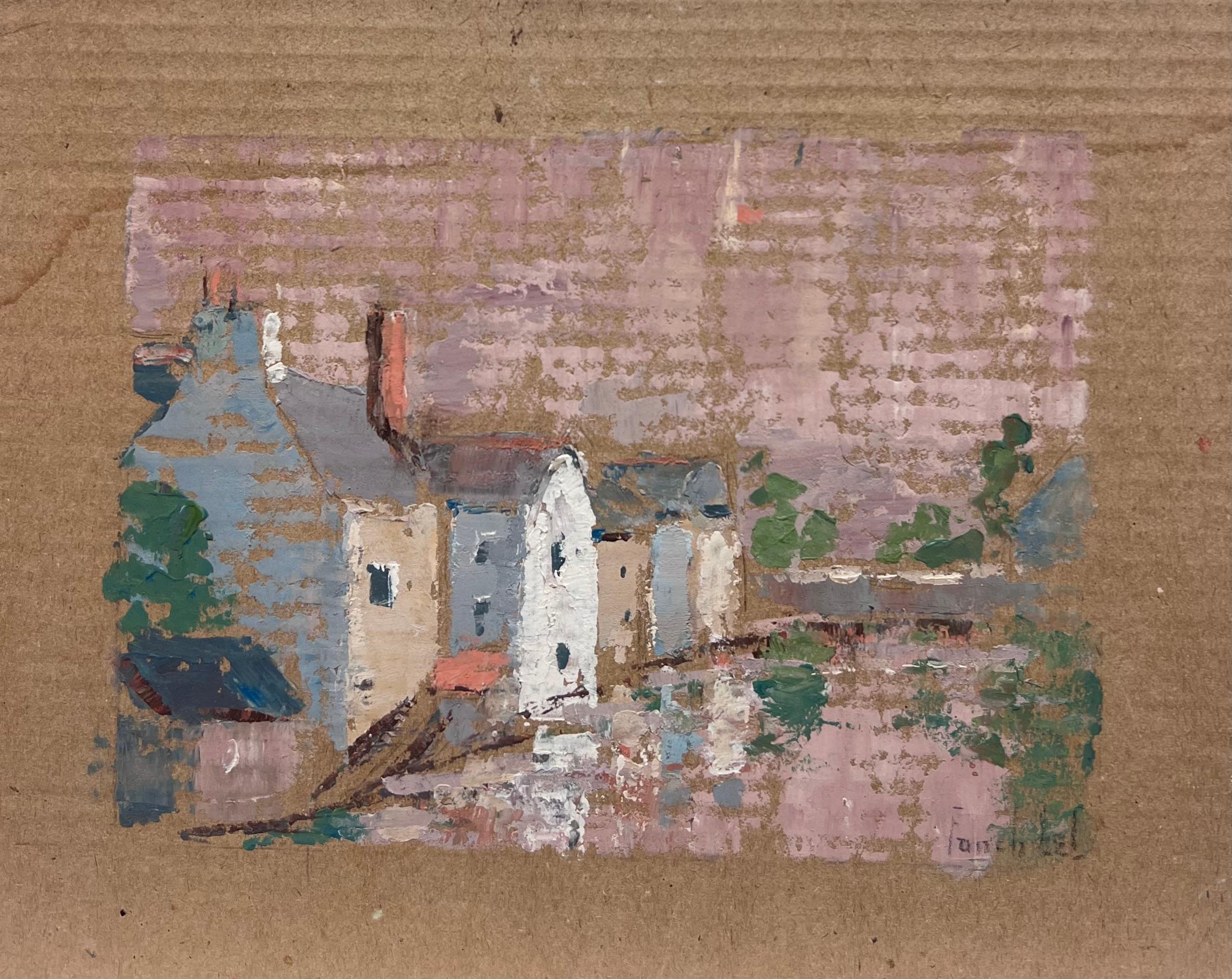 Pittura ad olio impressionista francese: scena di villaggio tranquillo con riflessi - Painting di Fanch Lel