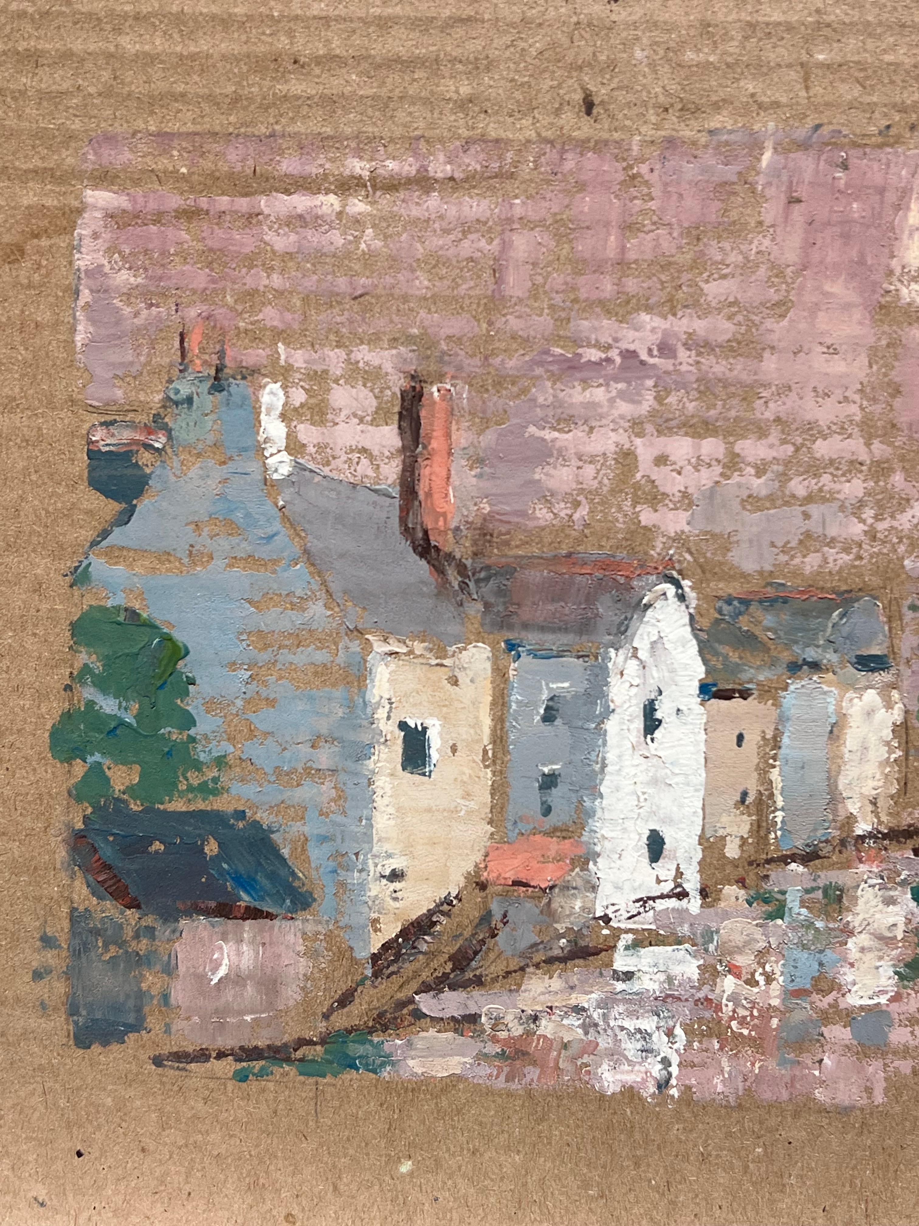 Pittura ad olio impressionista francese: scena di villaggio tranquillo con riflessi - Landscape Painting Marrone di Fanch Lel
