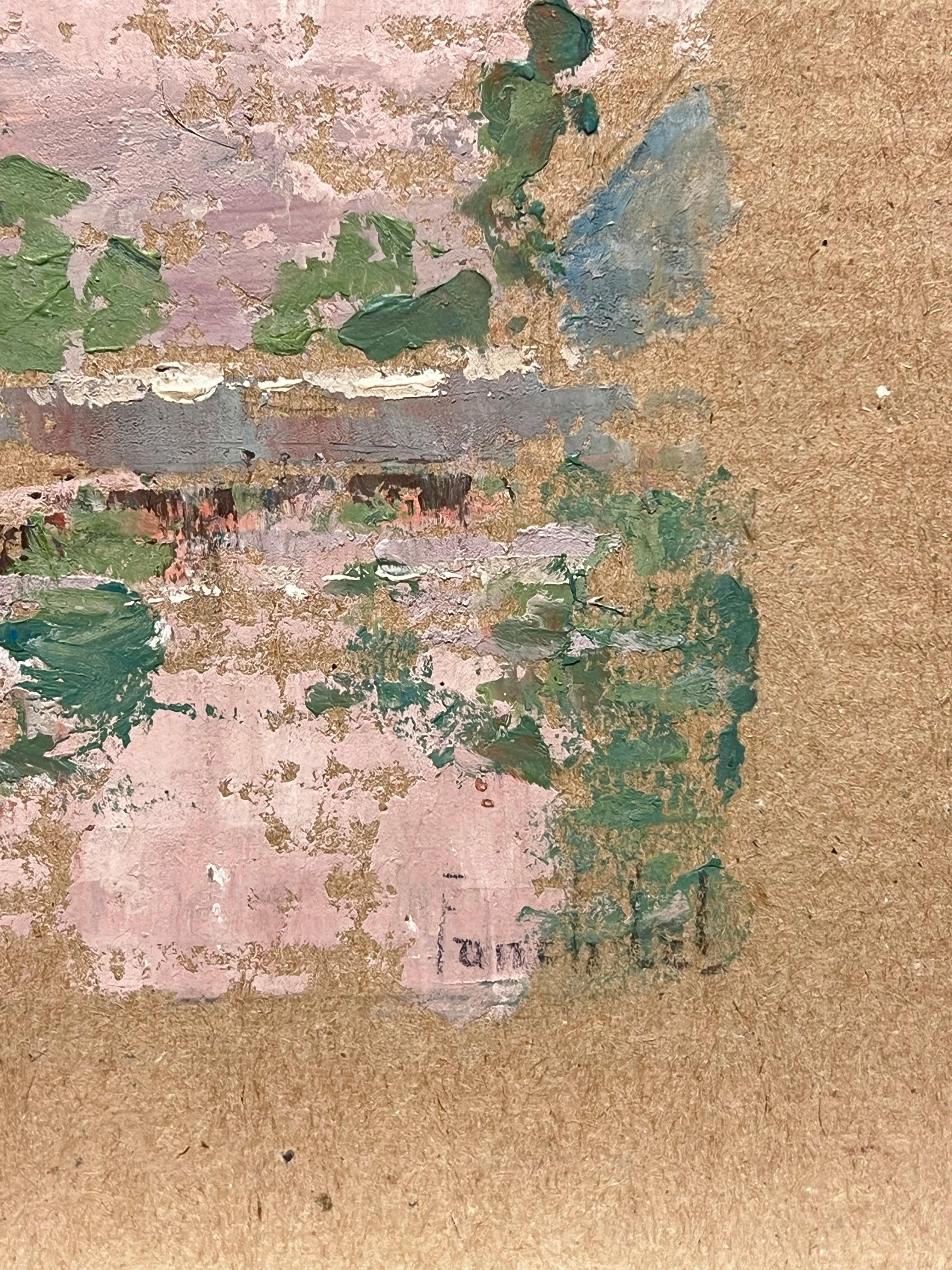 Scena tranquilla di un villaggio con riflessi
firmato da Fanch Lel (francese, nato nel 1930)
Dimensioni: 9,5 x 12 pollici
Pittura a olio su cartone, senza cornice
Condit: Il dipinto è in buone condizioni, con lievi segni di
