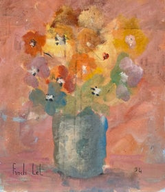 French Impressionist Radiant Blooming Flowers in a Blue Vase