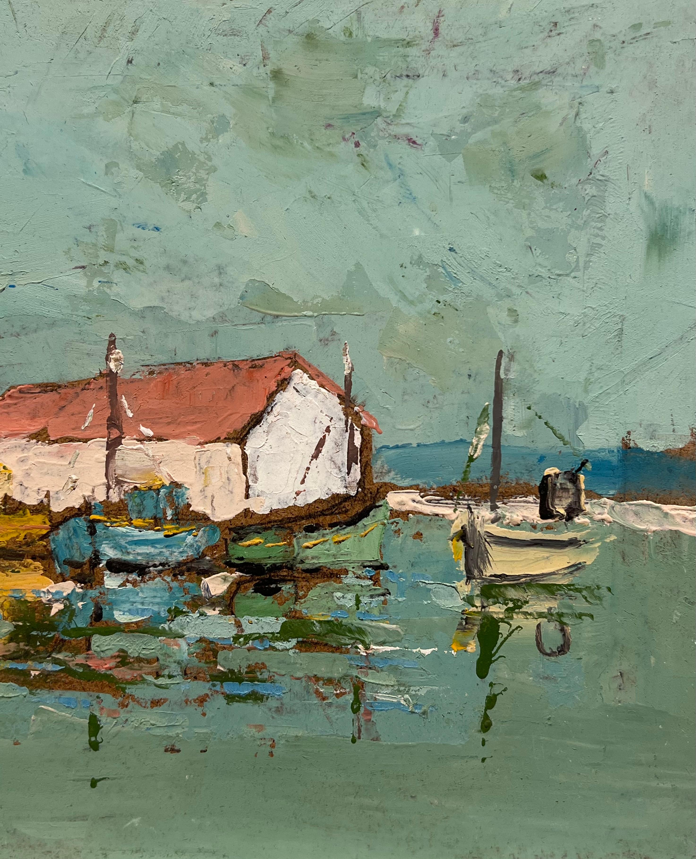 Casa galleggiante impressionista francese con tetto rosso nella baia turchese di una barca a vela - Painting di Fanch Lel
