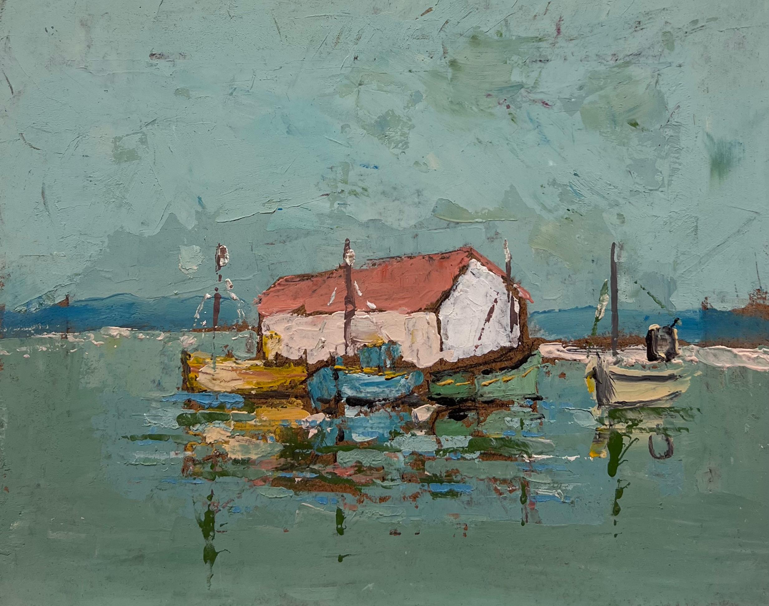 Casa galleggiante impressionista francese con tetto rosso nella baia turchese di una barca a vela - Landscape Painting Verde di Fanch Lel