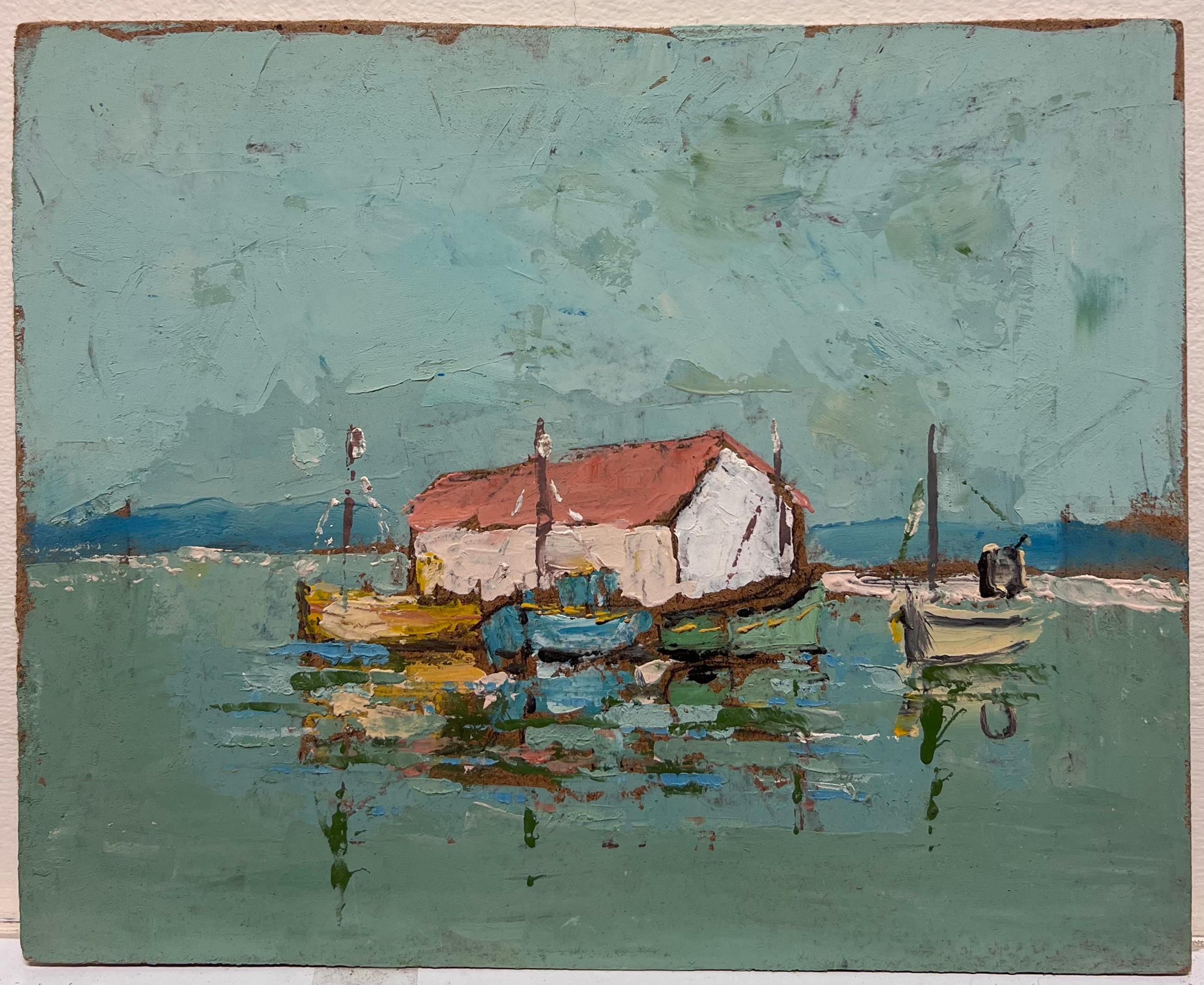 Paesaggio della casa galleggiante 
di Fanch Lel (francese, nato nel 1930)
Dimensioni: 9 x 10,5 pollici
Pittura a olio su tavola, senza cornice
Condit: Il dipinto è in buone condizioni, con lievi segni di invecchiamento.
Provenienza: Tutti i dipinti