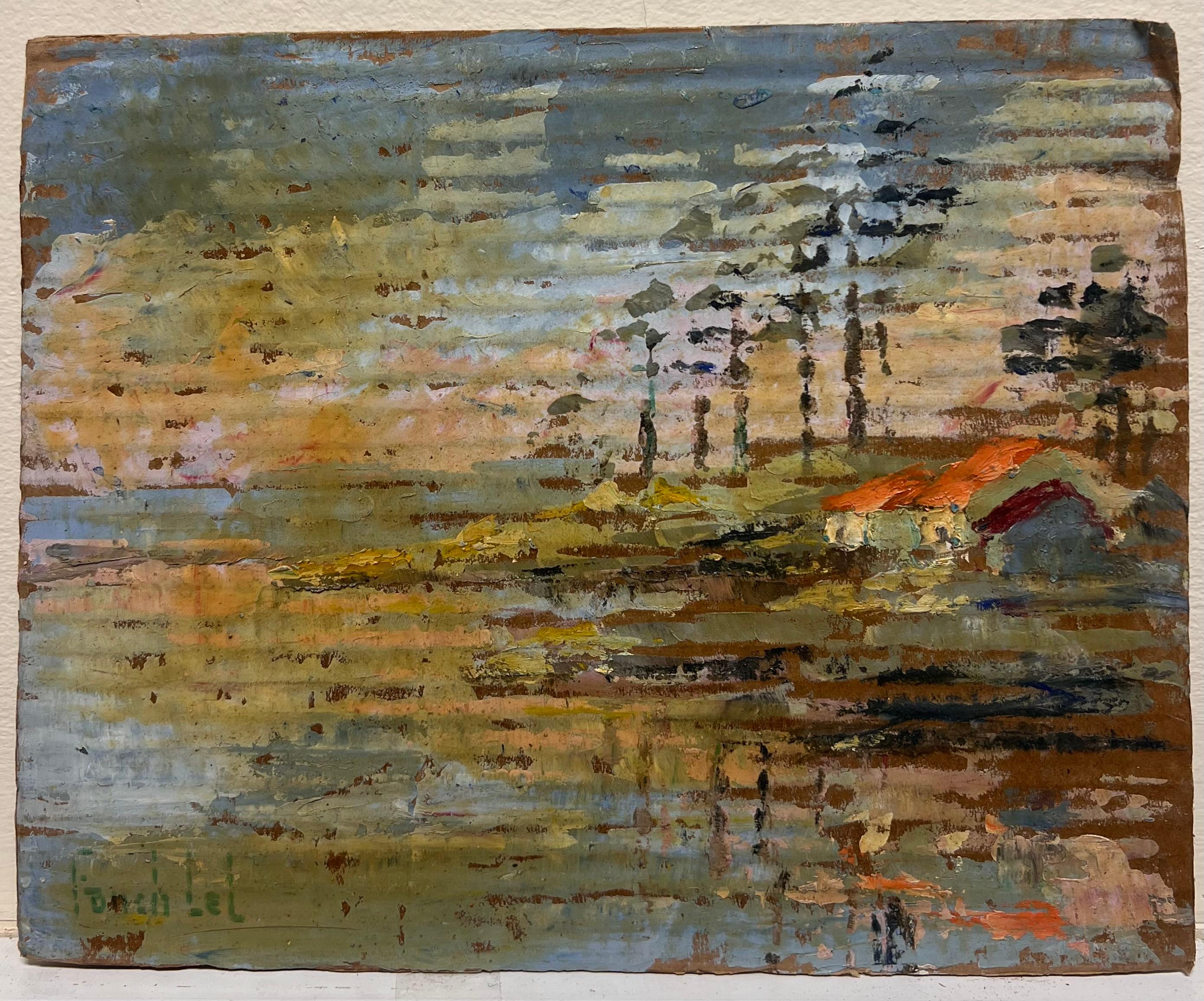 Pintura al óleo impresionista francesa Casas rurales de tejado rojo y aguas reflectantes - Painting de Fanch Lel