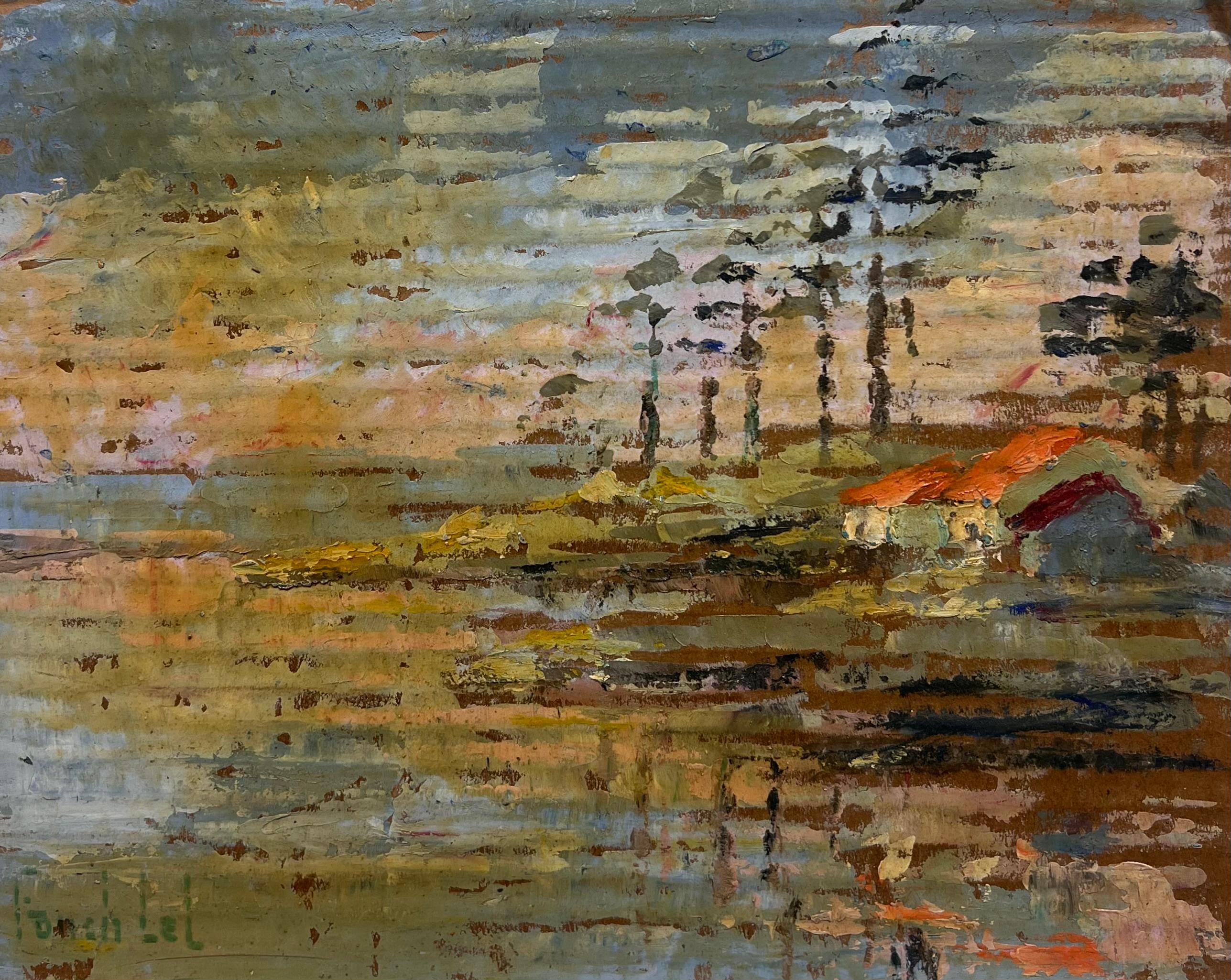 Pintura al óleo impresionista francesa Casas rurales de tejado rojo y aguas reflectantes - Painting Impresionista de Fanch Lel