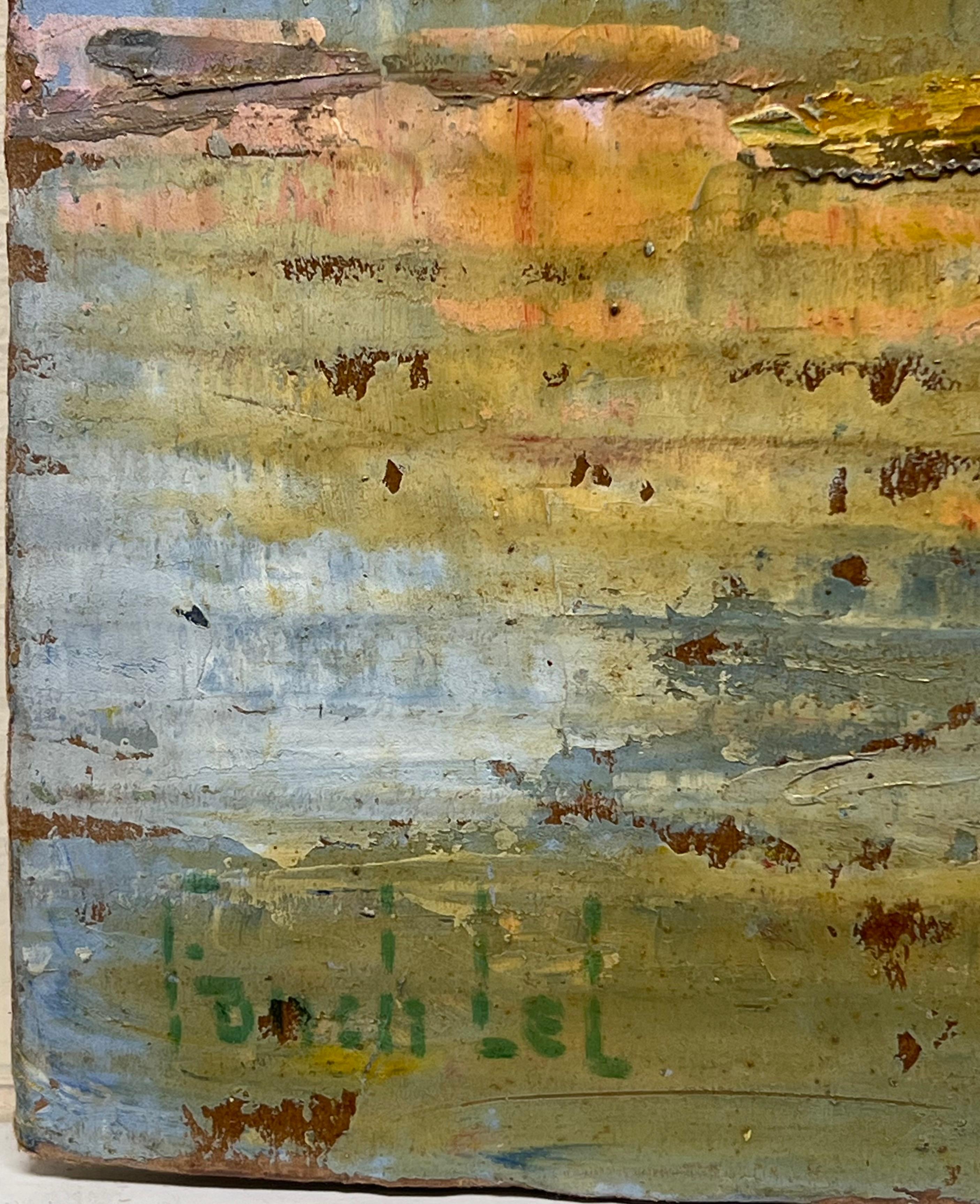 Pintura al óleo impresionista francesa Casas rurales de tejado rojo y aguas reflectantes - Landscape Painting Marrón de Fanch Lel