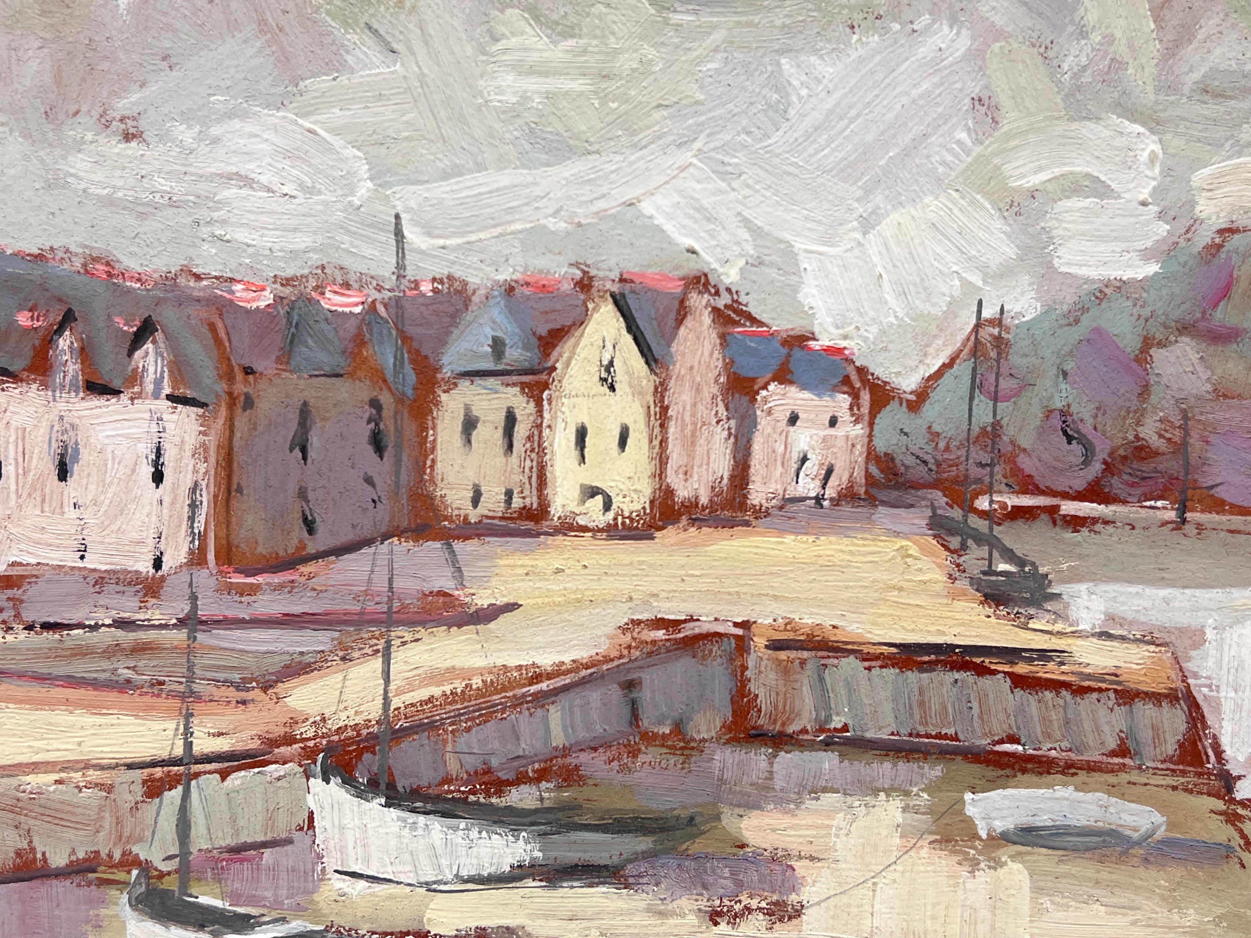 Paisaje Impresionista Francés Ciudad Portuaria en Tono Rojo con Marea Baja - Painting de Fanch Lel