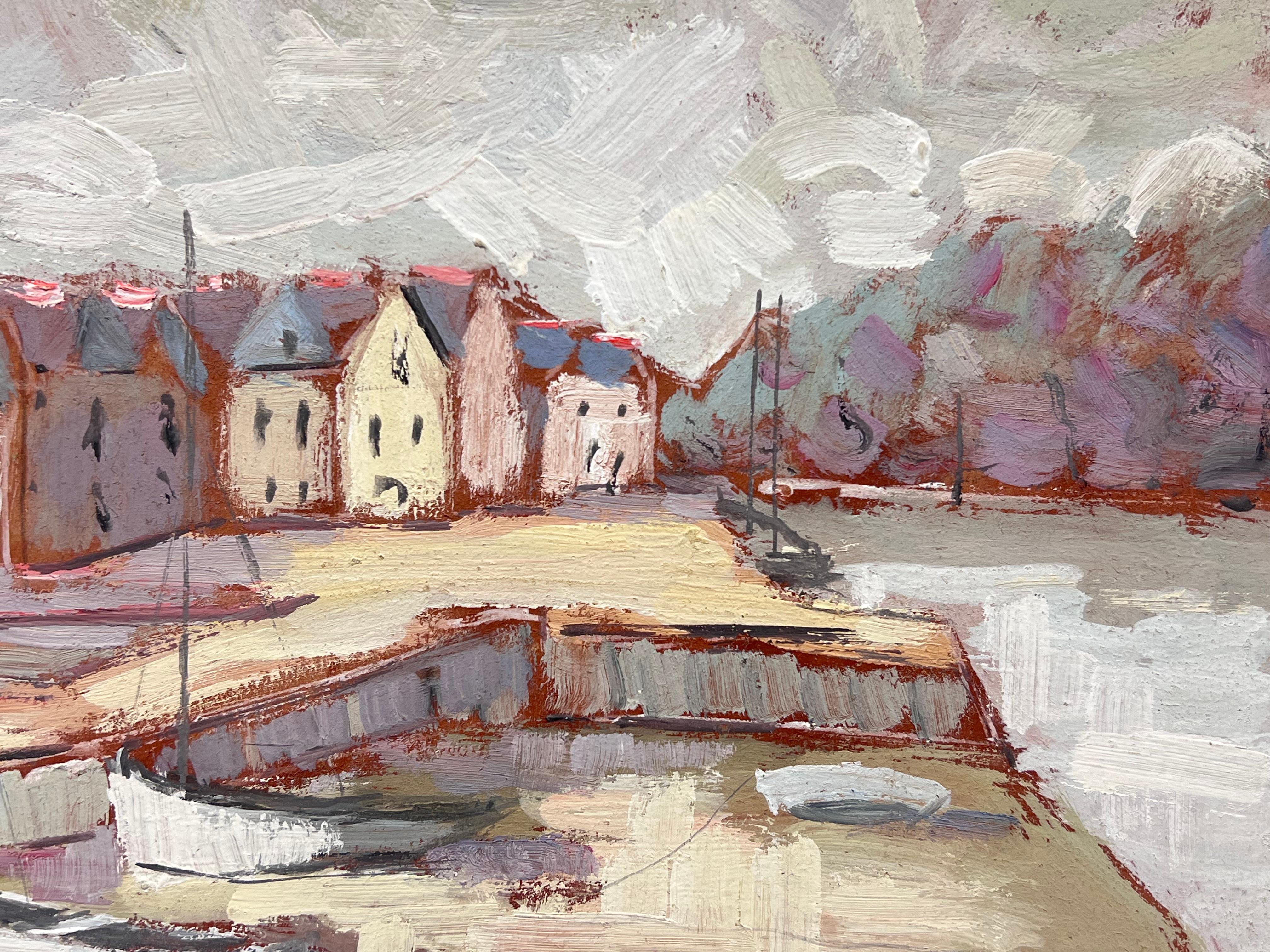 Paisaje Impresionista Francés Ciudad Portuaria en Tono Rojo con Marea Baja - Figurative Painting Gris de Fanch Lel
