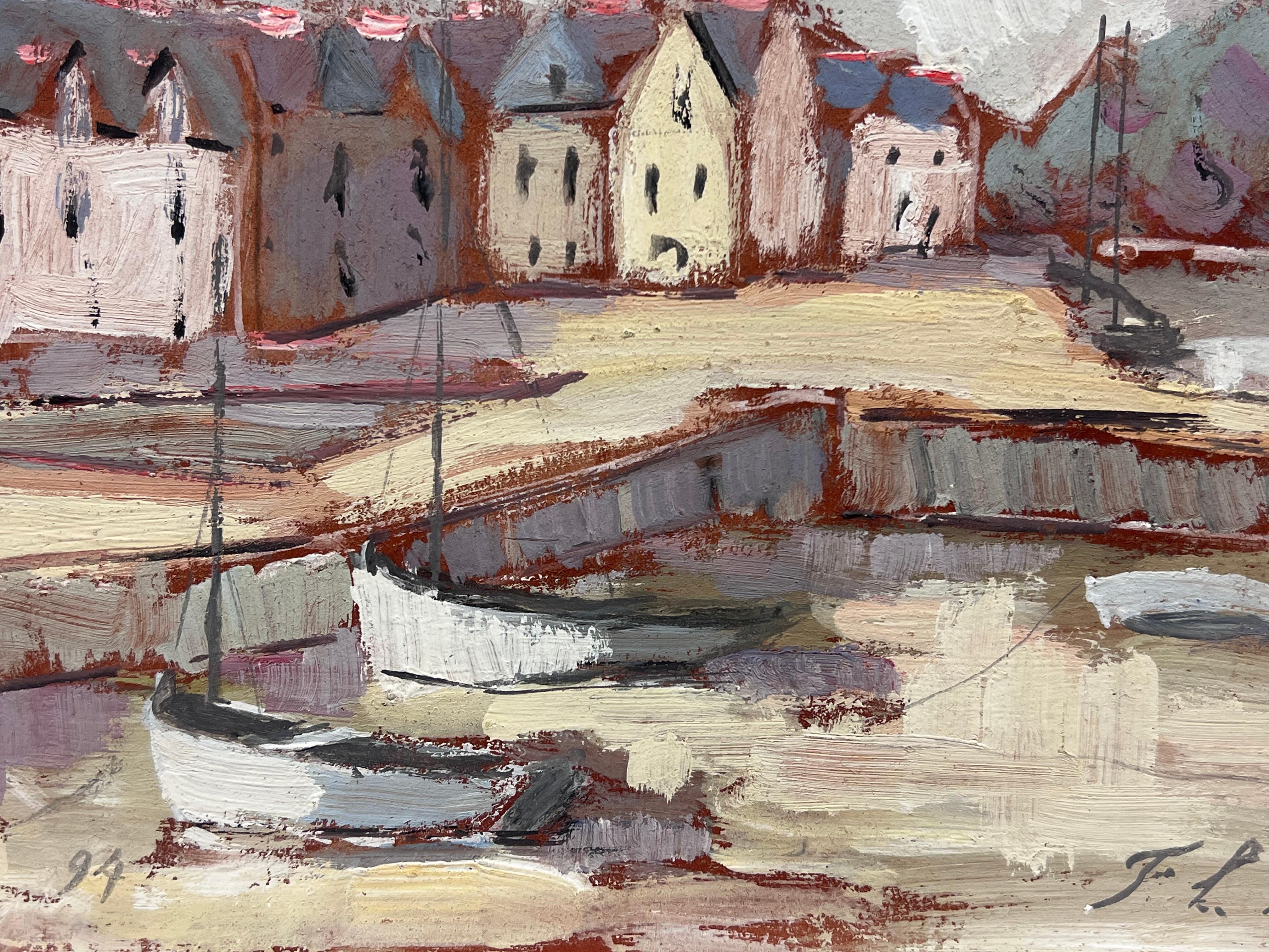 Paisaje Impresionista Francés Ciudad Portuaria en Tono Rojo con Marea Baja en venta 3