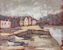 French Impressionist Red Tone Harbour Town at Low Tide Landscape